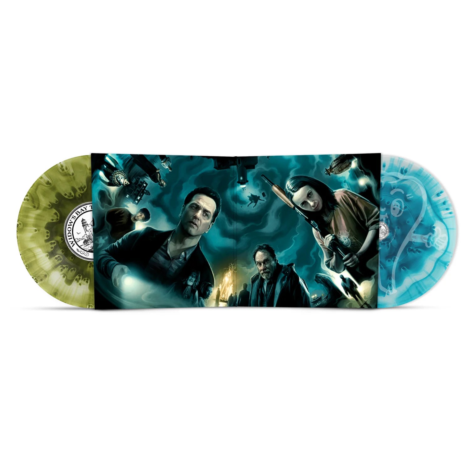 A vinyl record featuring artwork from a horror-themed series, displaying three main characters against a dark, swirling background. The left side of the record is a green marbled hue, while the right side is blue with translucent elements.