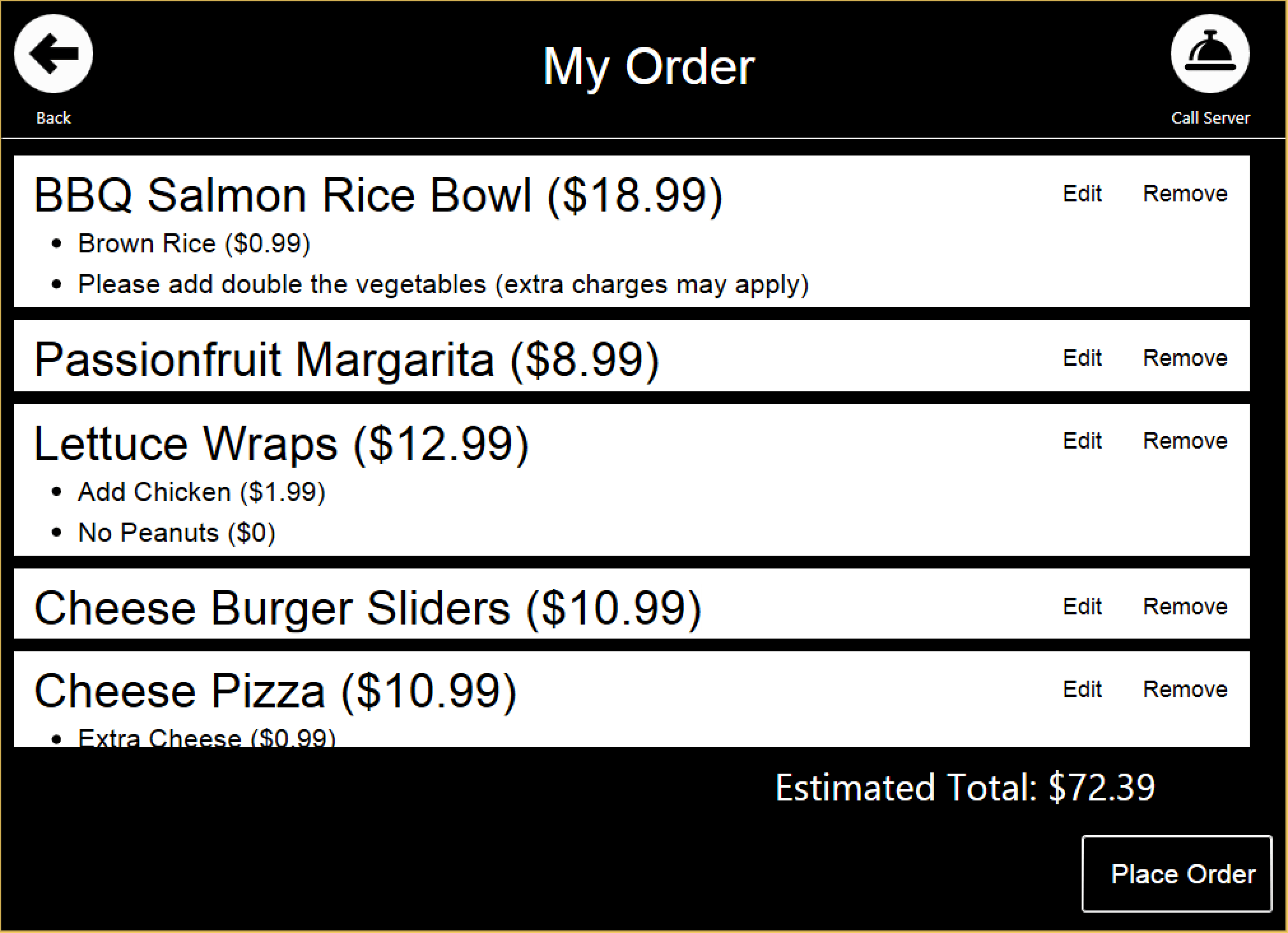 My Order Screen