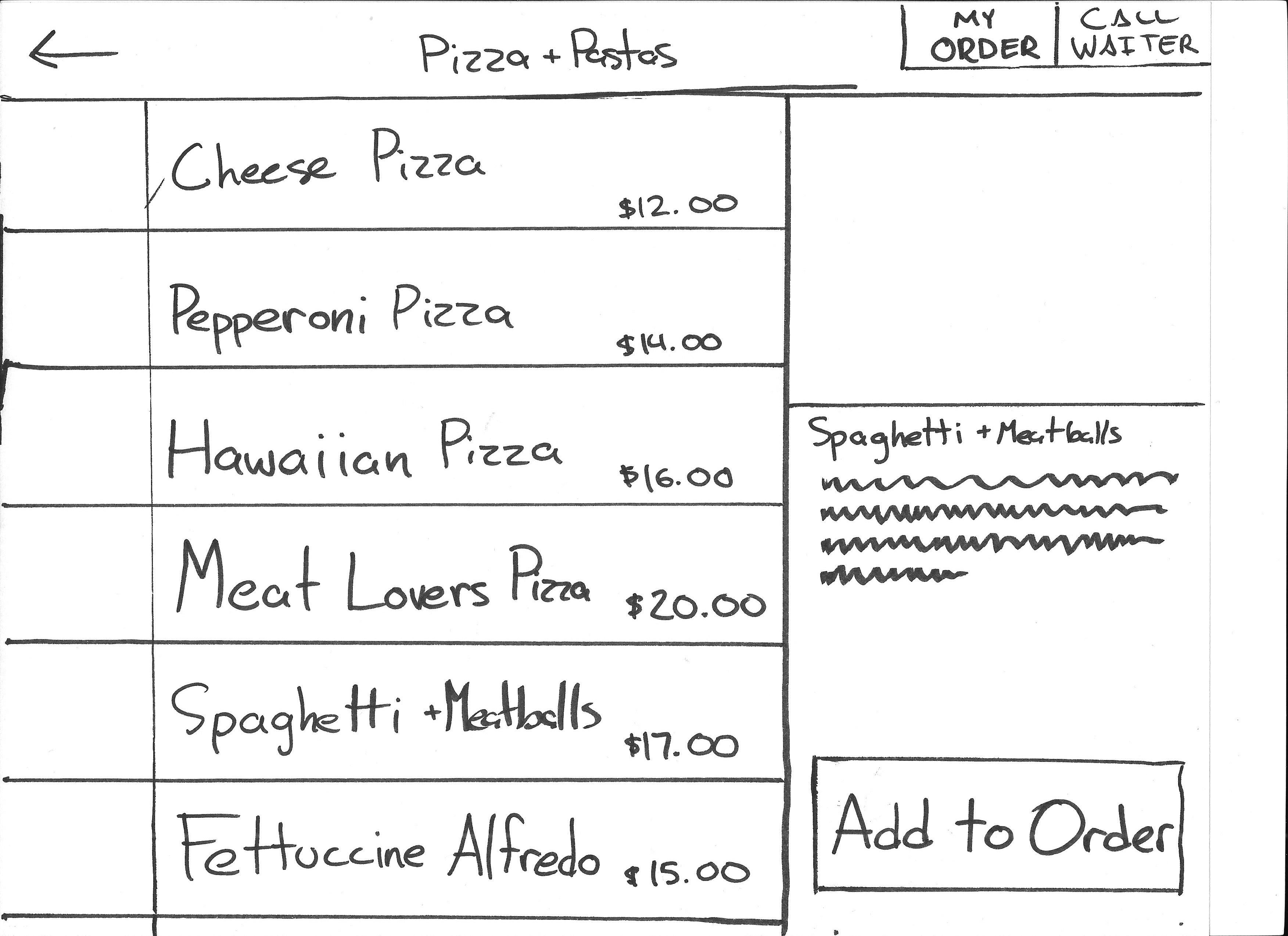 Once a category is selected, the user has the ability to scroll through various menu items along the left hand side of the screen. When an item is selected, the right hand side of the screen is updated with a detailed description and customization options. The tile interface was taken out of this area since it would take too many screen taps to navigate back and forth between pages.