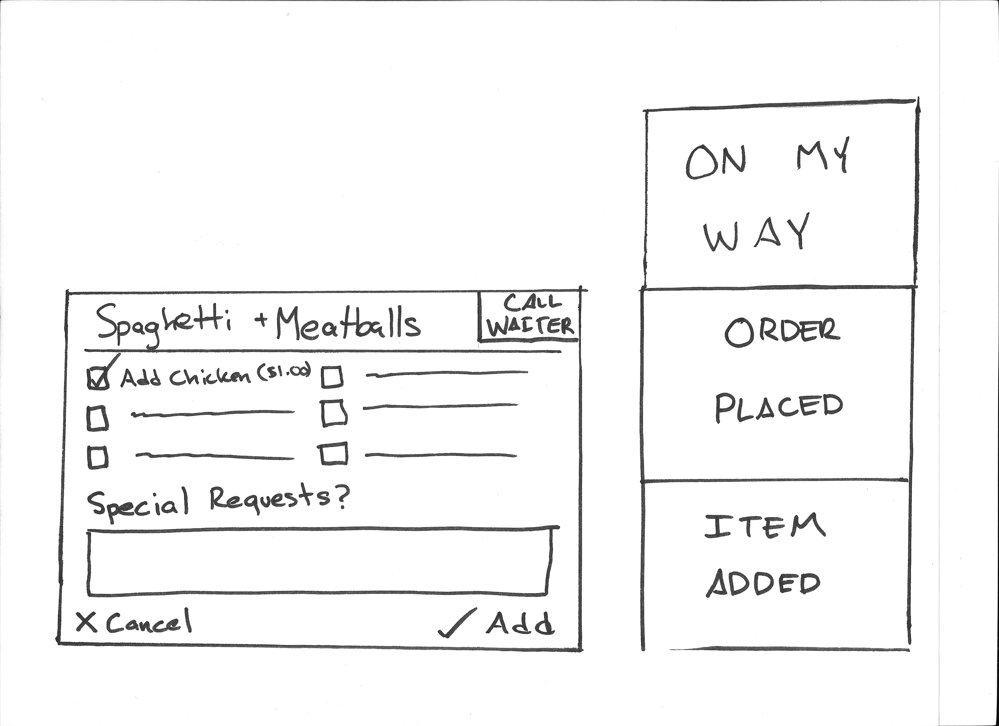 Various cutouts were created for our low fidelity prototype, including an order customization screen on the left.
