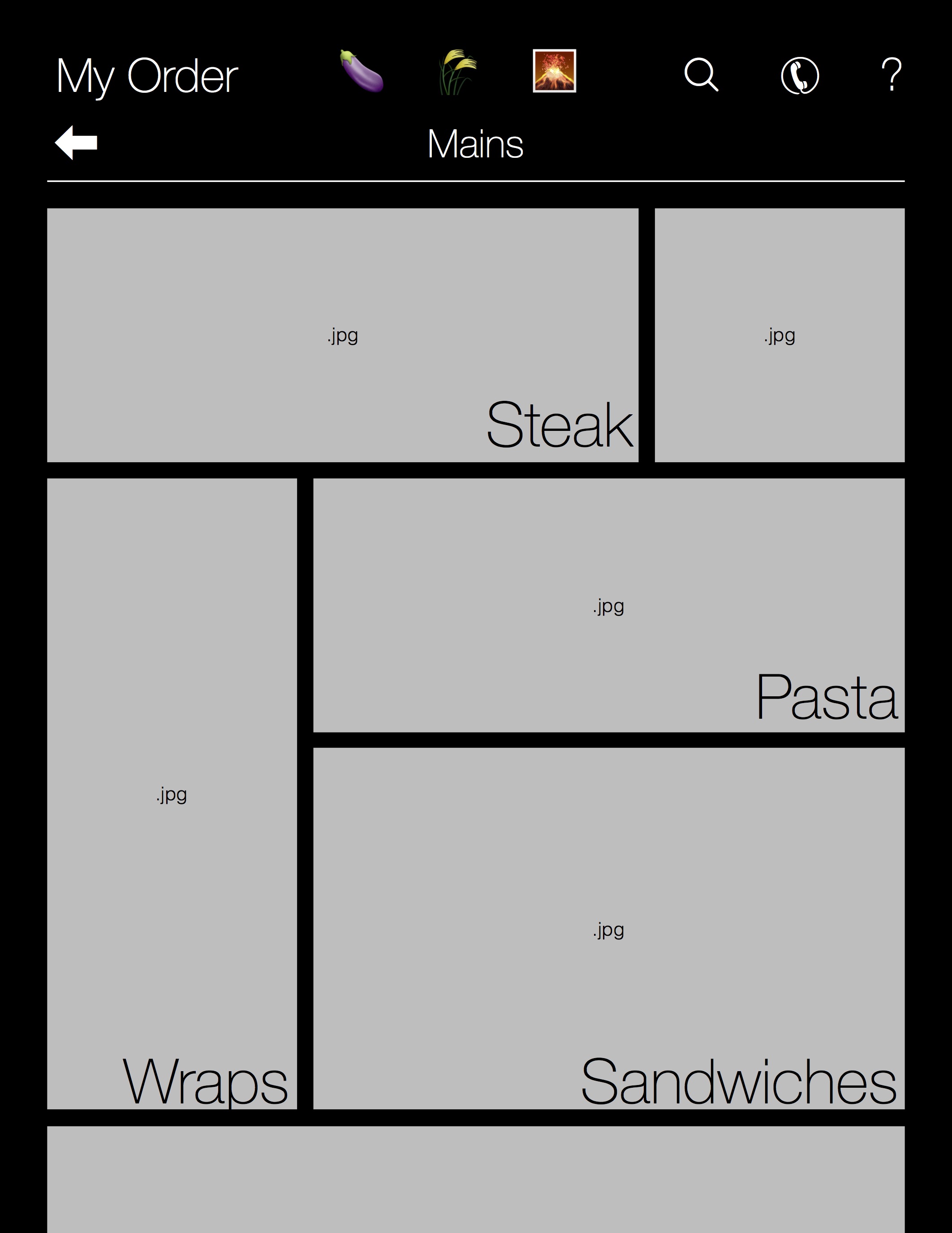 Once flipping past the Start Page, the customer is brought to a tile-like interface to browse the restaurant's menu options. At the top of the screen, a navigation bar allows the user to filter for various food types as they browse, or use the same tools available on the start screen for assistance.