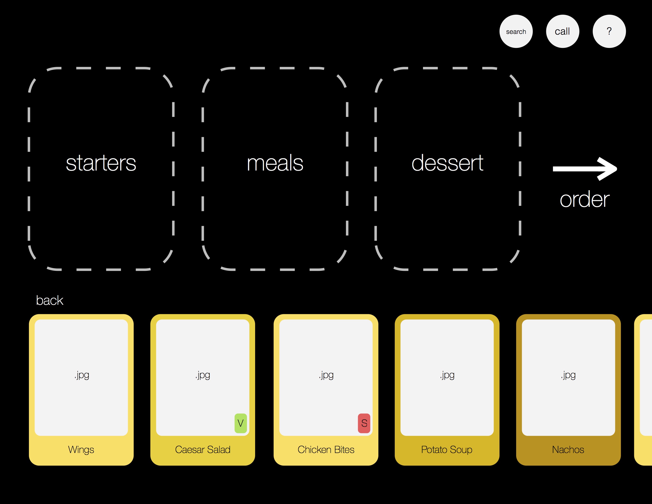 Once selecting a food category, the customer can scroll through various menu options along the bottom of the screen. Indicators in each item's card may mark meals as vegetarian or spicy.