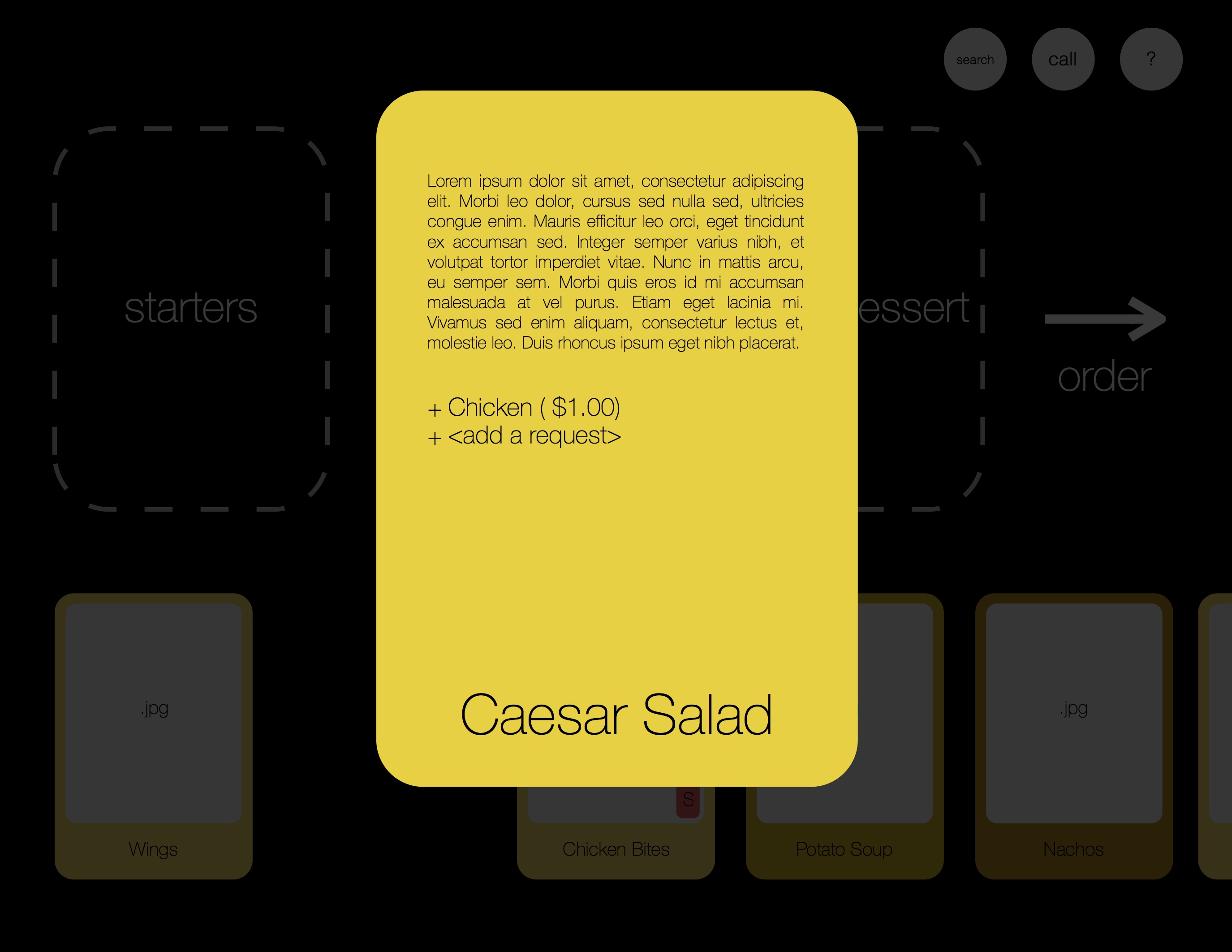 Tapping on a card brings up details about the dish and customization options.