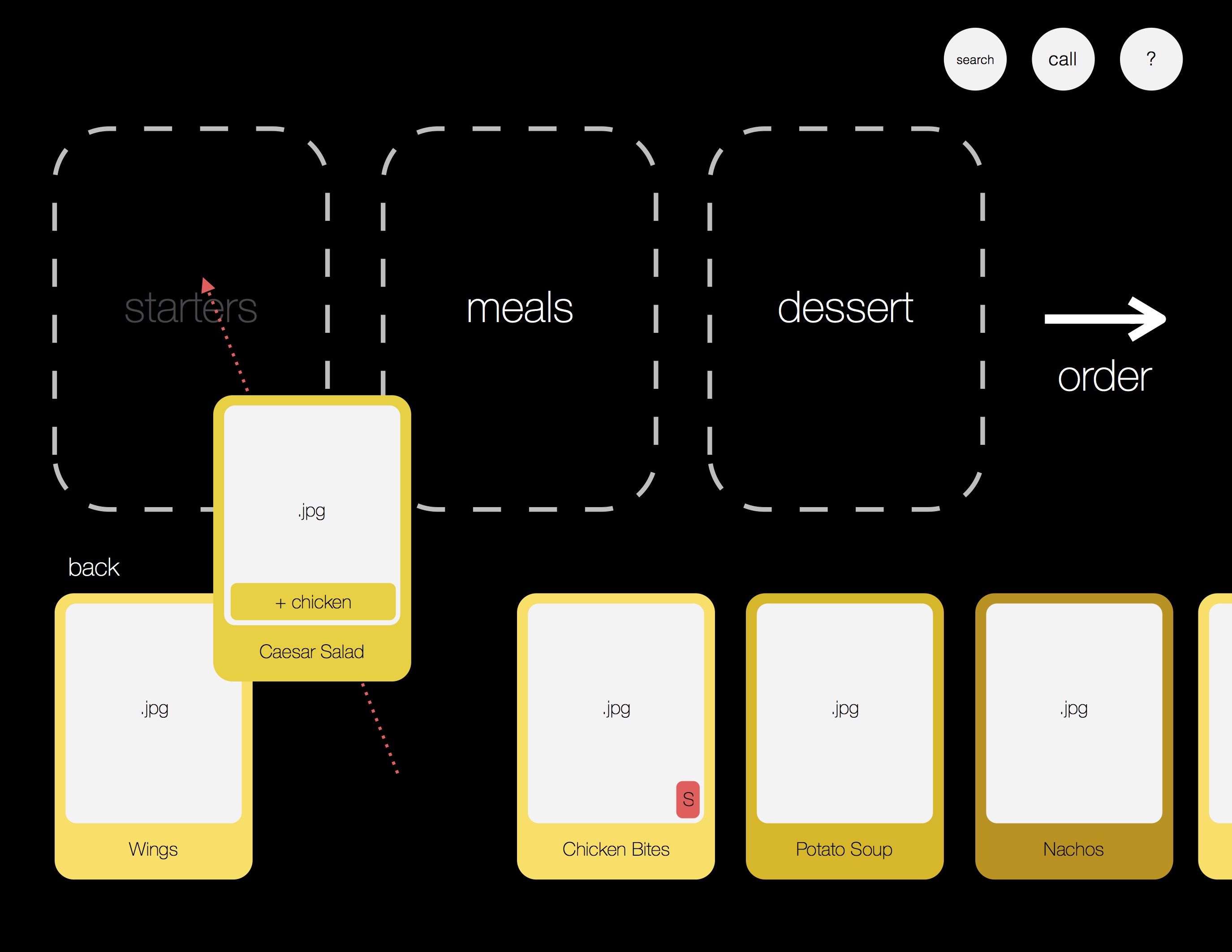 Once all customization options have been chosen, the customer can drag their order into one of the three spaces above.