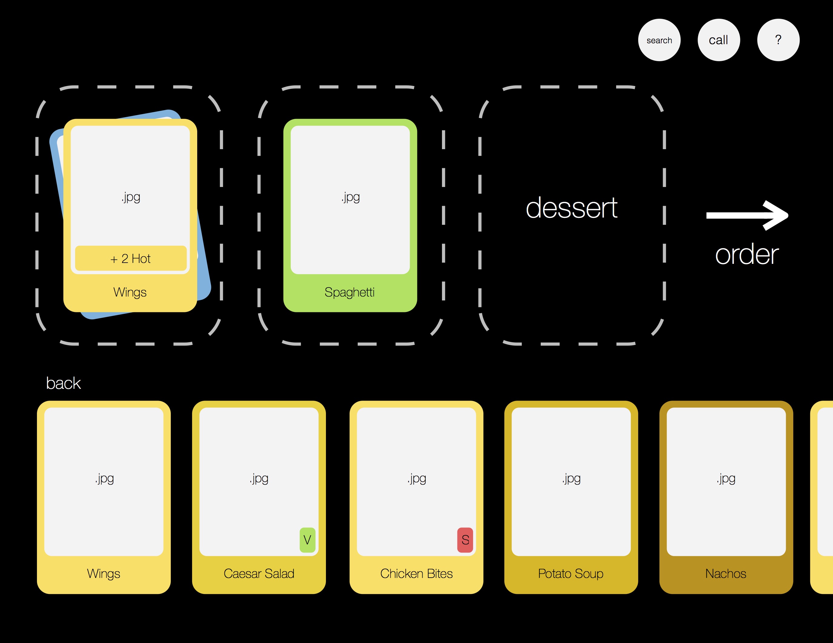 A full order may look something like this. Once the user is done creating their order, they may tap the "Order" button with the arrow to proceed to the checkout screen.
