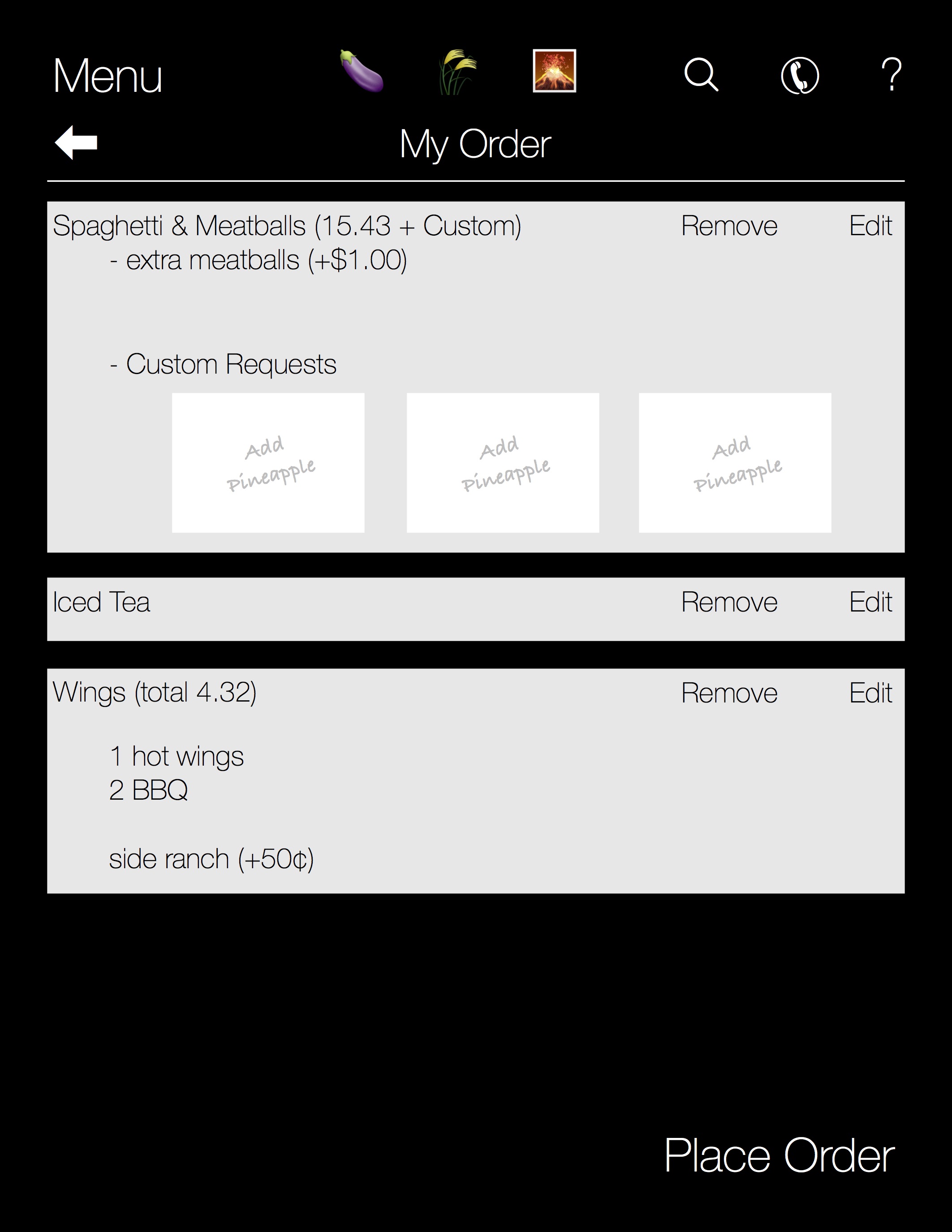 Once the customer chooses all of the items they would like to order, they can tap the "My Order" button to review and edit the items they have chosen. Once everything is set, they may send the order to the kitchen by tapping the "Place Order" button in the bottom right corner.