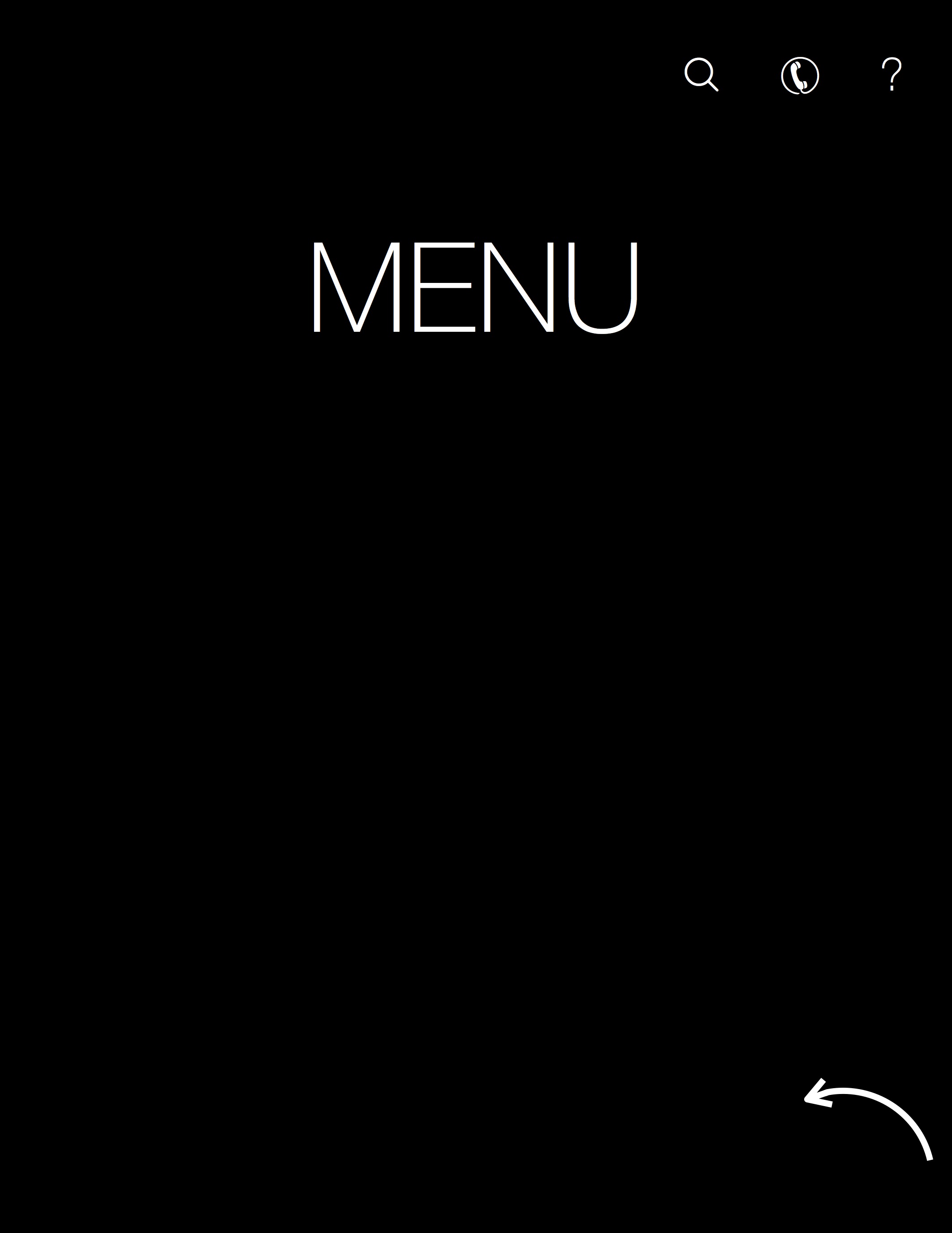 The user is greeted with a welcoming title page, similar to a physical menu. They have the ability to flip the page or use one of the icons in the upper right corner to search for an item, call a server for assistance, or get tips on using the menu.
