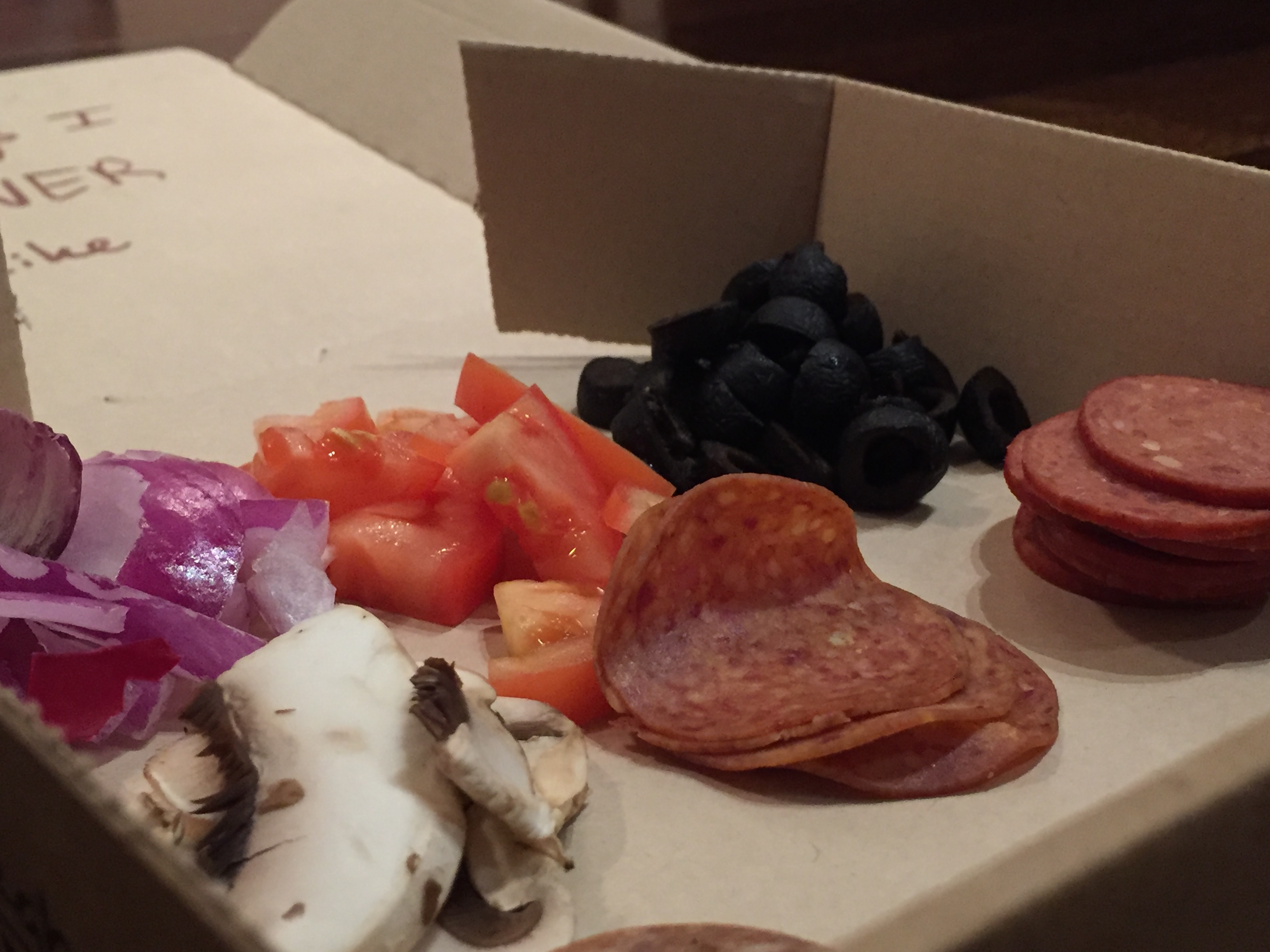 Onions, Tomatoes, Olives, Mushrooms, Pepperoni, Smoked Pepperoni, Italian Sausage