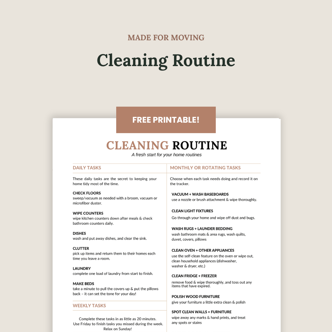 Preview of the free Cleaning Routine printable with daily tasks, a weekly schedule and a cleaning tracker.