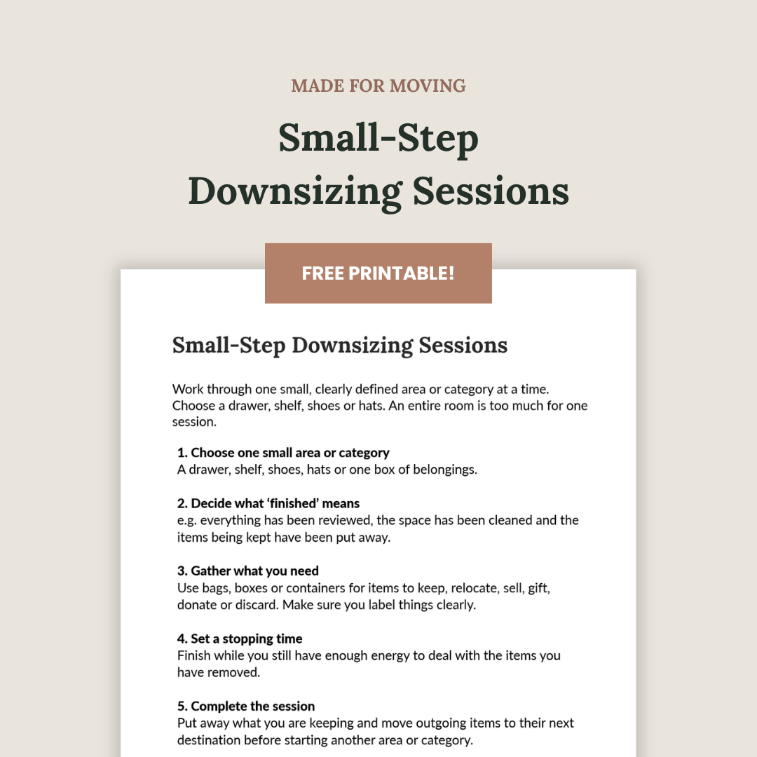 Preview of the free Small-Step Downsizing Sessions printable for sorting one manageable area at a time.