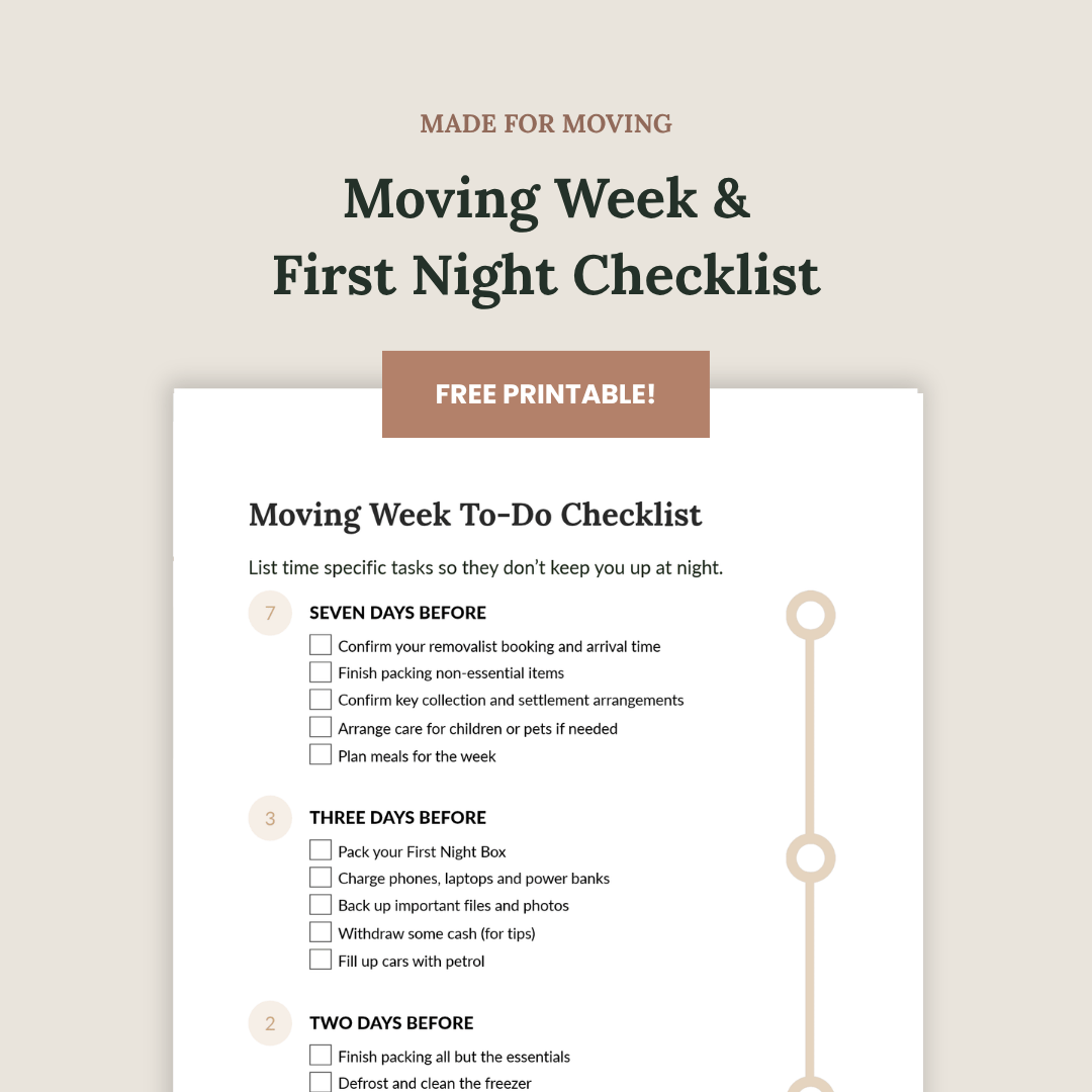 Preview of the free Moving Week and First Night Checklist for organising final moving tasks and overnight essentials.