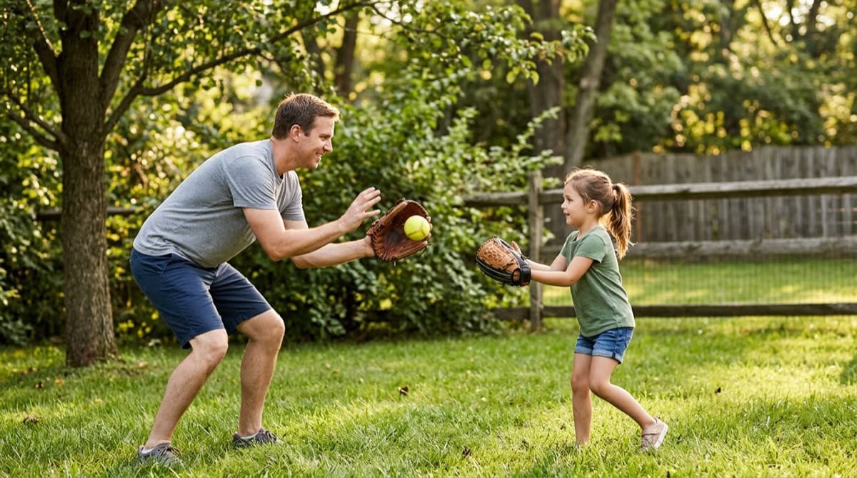 Father and young daughter playing catch with softball gloves in a sunny backyard