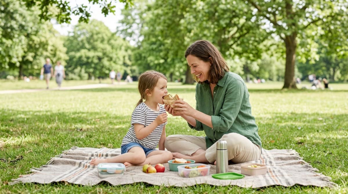 Mom and young daughter sharing a birthday picnic on a blanket in a sunny park