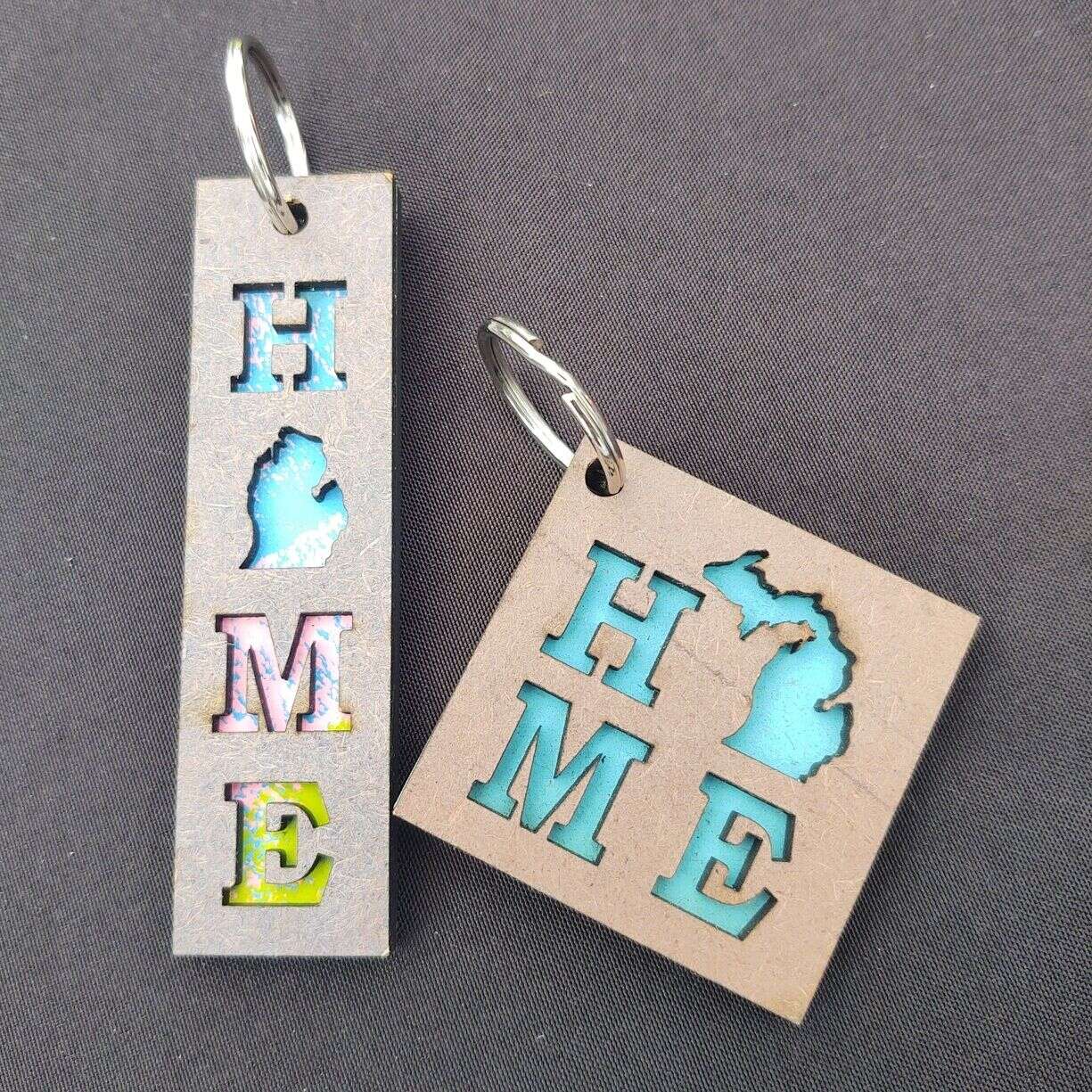 HOME Michigan Layered Wood Keychain Rectangle Square