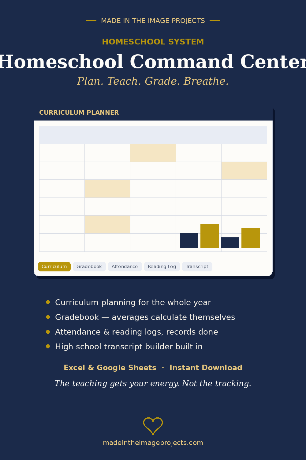 Homeschool Command Center | Curriculum Planner + Gradebook + Reading Log + Photo Portfolio + Transcript Builder | Excel & Google Sheets