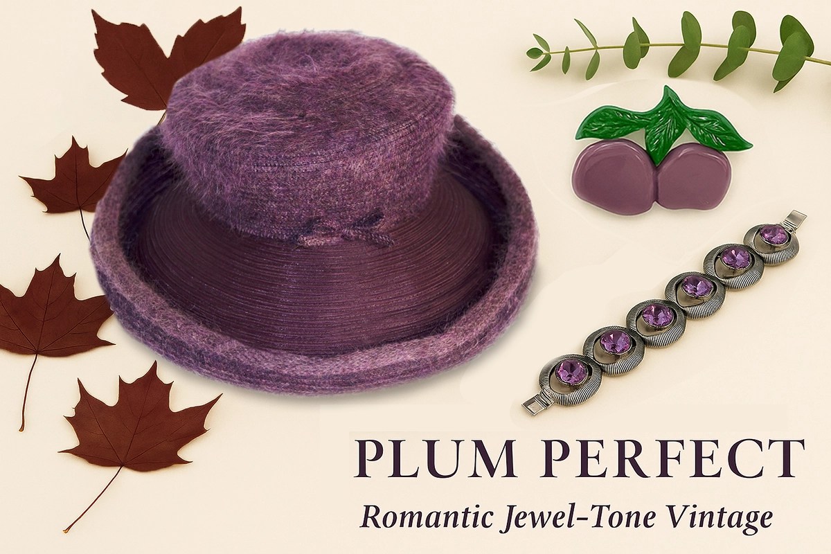 Purple vintage hat with silver bracelet and berry brooch styled on autumn leaves – Plum Perfect flat lay