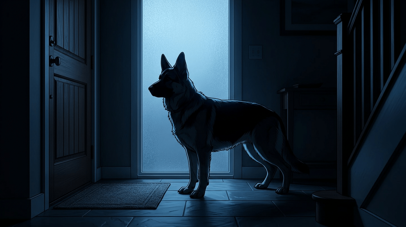 A dramatic illustration of a vigilant German Shepherd Dog standing as a loyal family watchdog inside a dark home entryway at night, silhouetted against the cool blue light of a glass window.
