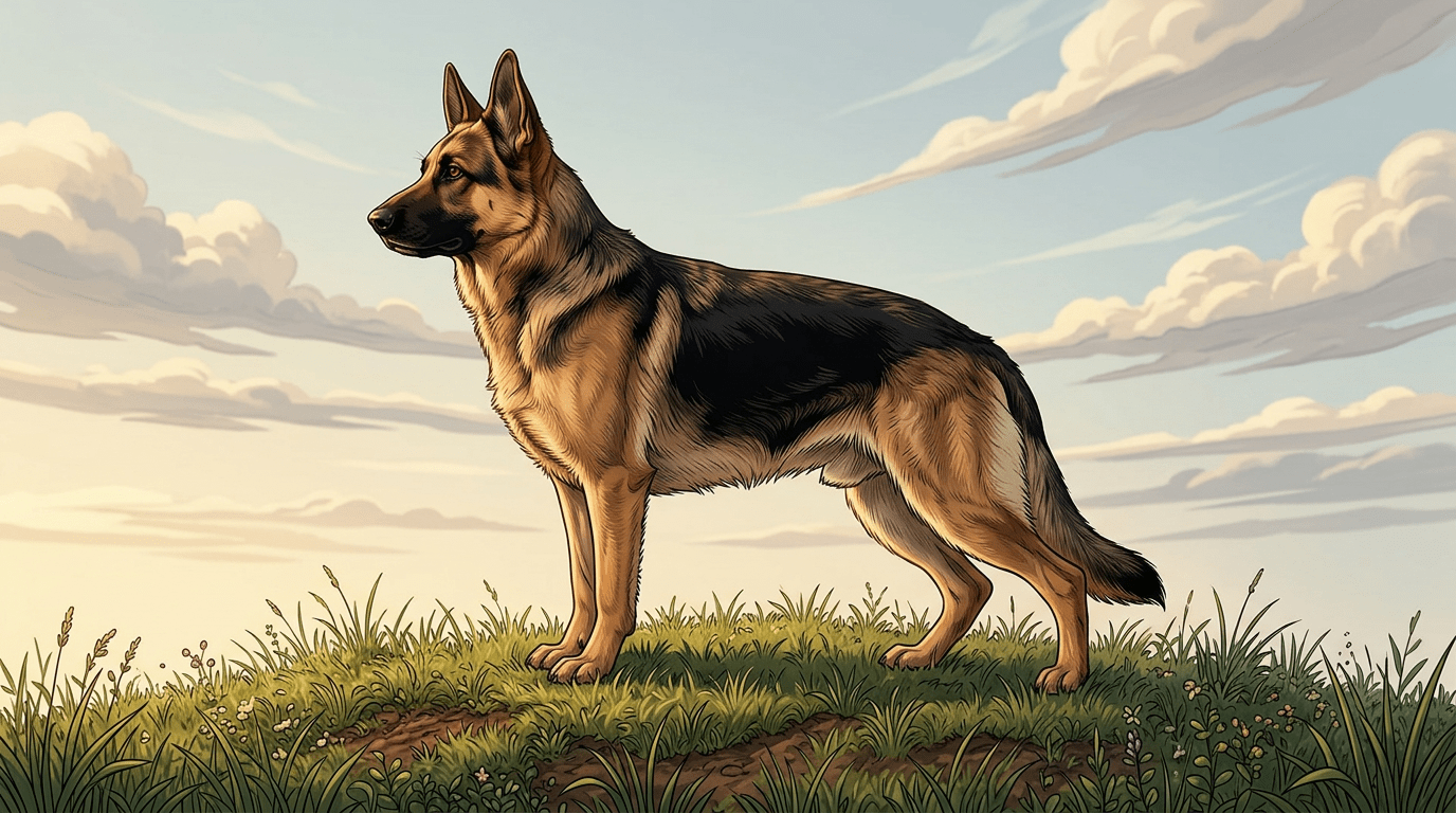 An illustrated breed profile showing a full-body side view of a muscular, athletic black and tan German Shepherd Dog standing alertly on a grassy hill, set against a bright sky with soft, wispy clouds.