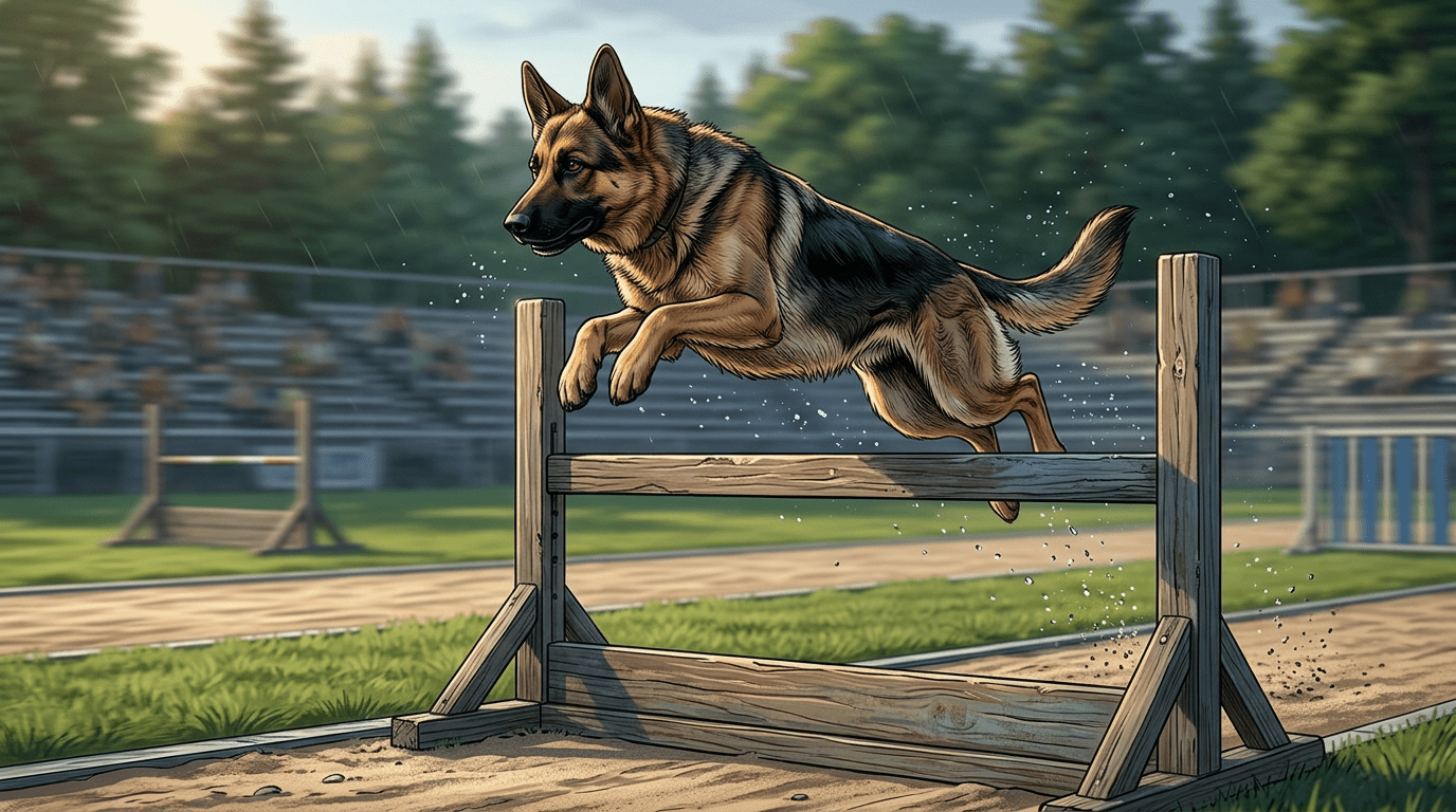 An action illustration of an athletic black and tan German Shepherd Dog jumping over a wooden hurdle during an agility or field trial competition, with water splashing from its paws against a background of an outdoor stadium and green trees.