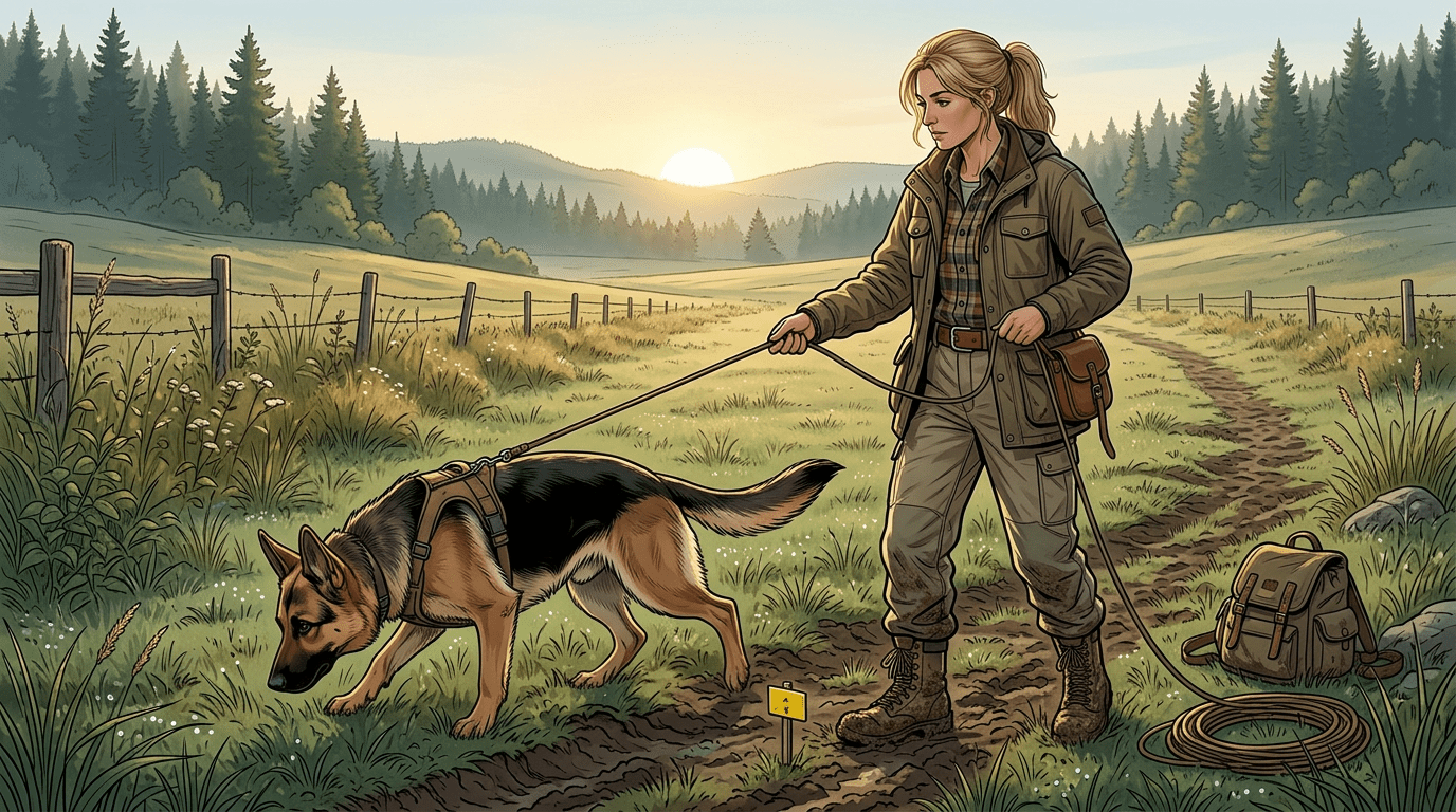 An illustration of a black and tan German Shepherd Dog tracking a scent along a muddy trail, wearing a working harness and attached to a long training lead held by a woman in outdoor hiking gear, set in a rural field against a background of evergreen forests and a rising sun.