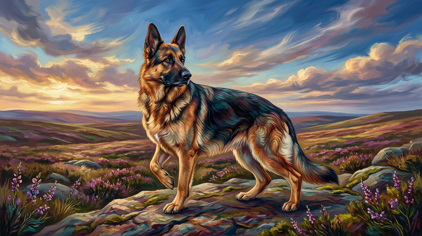 An oil painting style illustration of a noble black and tan German Shepherd Dog standing on a rocky hill covered in purple wildflowers, looking out over a vast rolling landscape under a dramatic, colorful sunset sky.