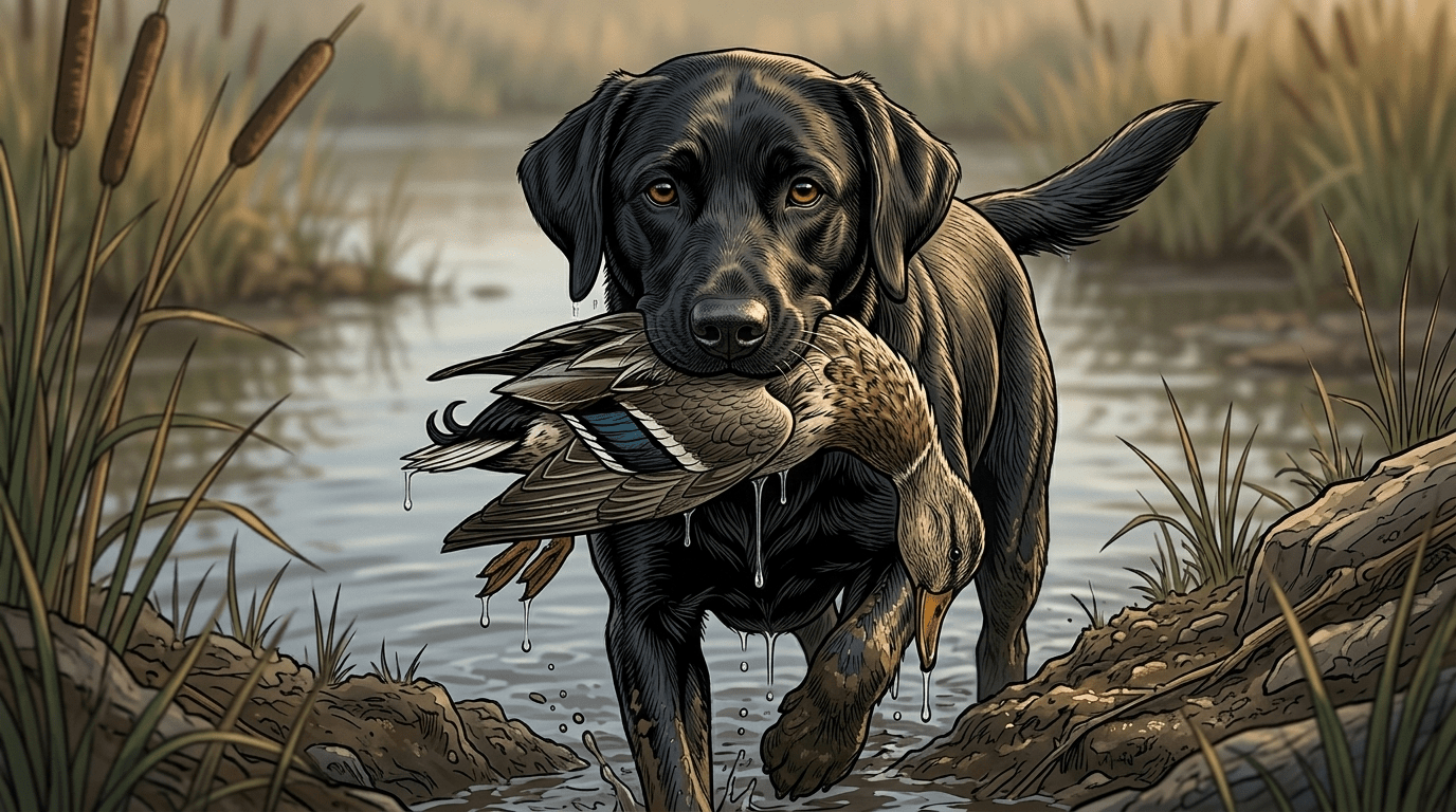 A stylized, hyper-realistic animation image of a powerful black Labrador Retriever wading through a muddy marshland. The dog has expressive brown eyes, a sleek coat detailed with fine cel-style linework, and is gently carrying a retrieved mallard duck in its jaws. Water drips from the dog and the duck. The background features a calm body of water, tall cattails, and soft, warm cinematic studio lighting.