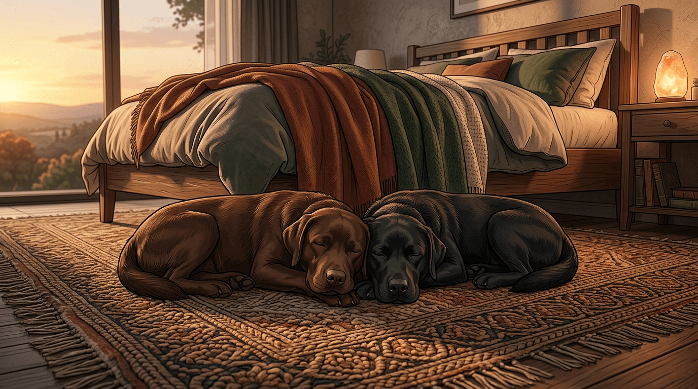 Illustration of a chocolate Labrador and a black Labrador sleeping side by side on a patterned rug in a cozy bedroom at sunset.