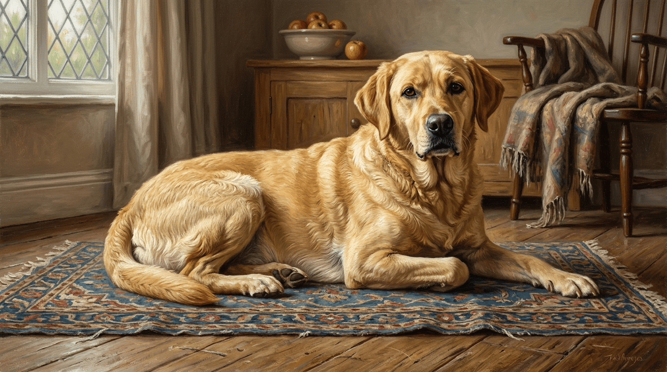 Fine art oil portrait of a yellow Labrador retriever lying on a blue and red patterned rug next to a wooden cabinet with a bowl of apples.
