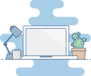 Laptop on desktop with a lamp, coffee cup and cactus