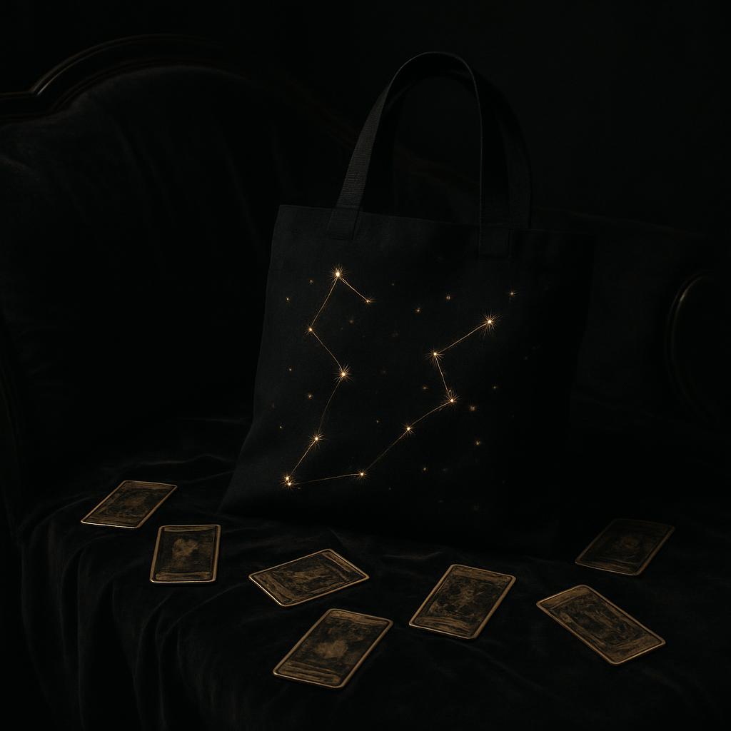 The tote bag rests on a velvety throw blanket, adorned with the constellation Capricorn. The Capricorn symbol shines brigh...