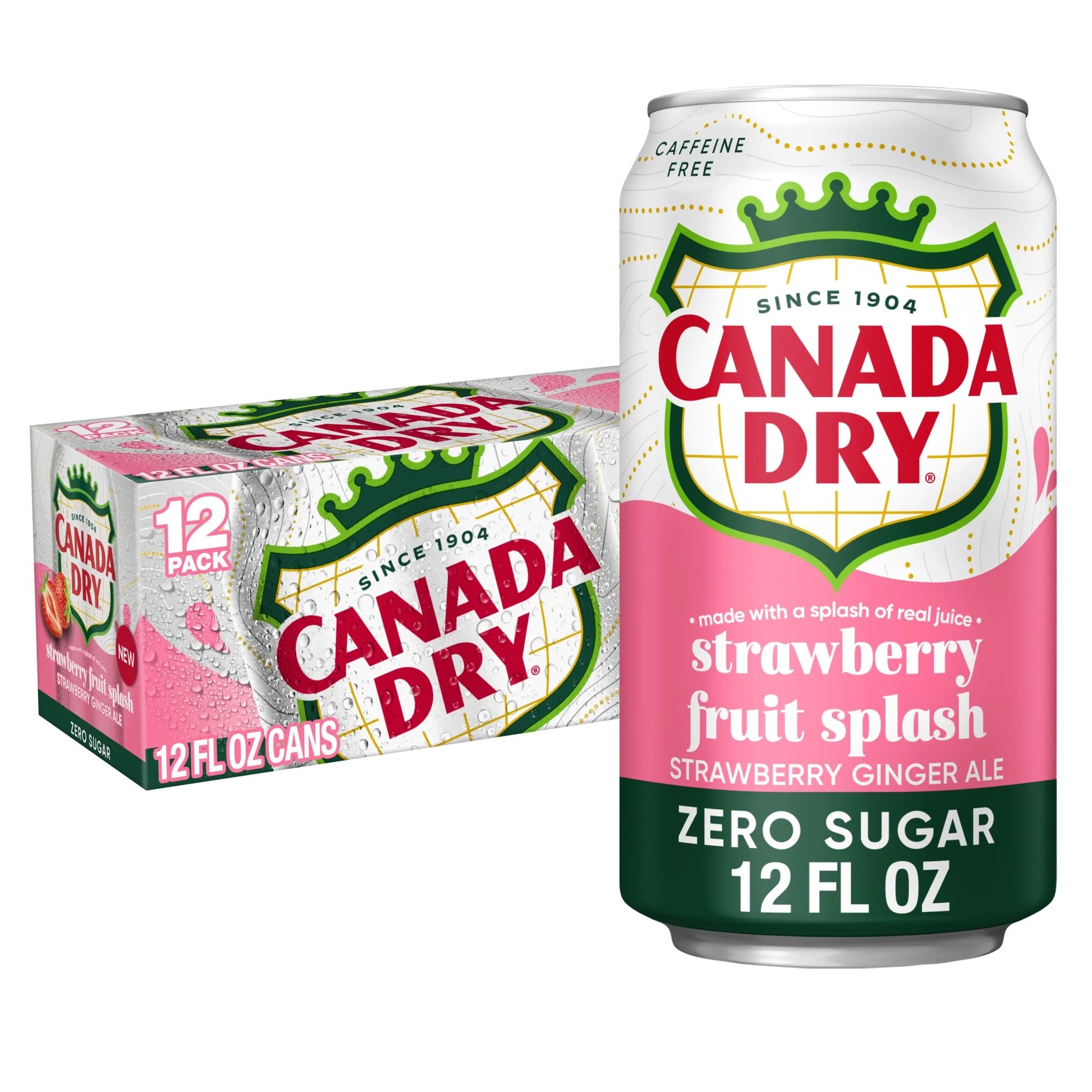 Canada Dry Caffeine Free Zero Sugar Fruit Splash Strawberry Ginger Ale Soda Pop, 12 fl oz, 12 Pack Cans