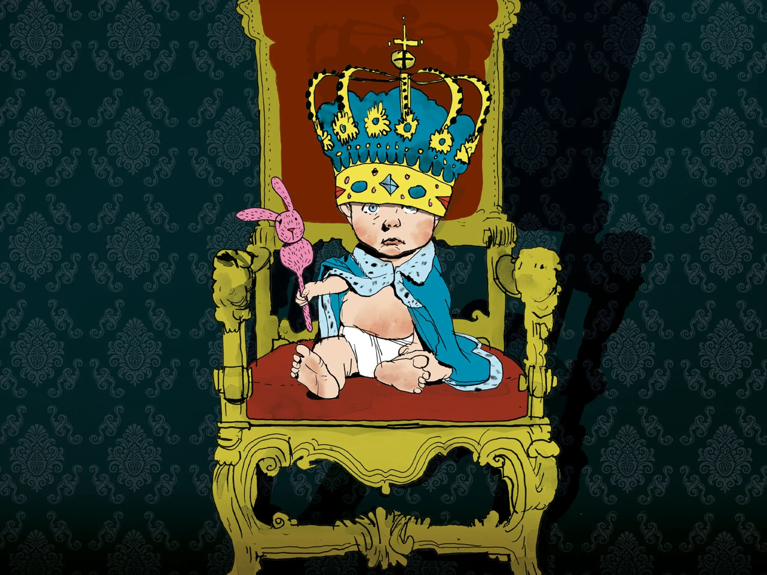Illustration av en bebis i en kungatron för att visualisera arvsrätt.