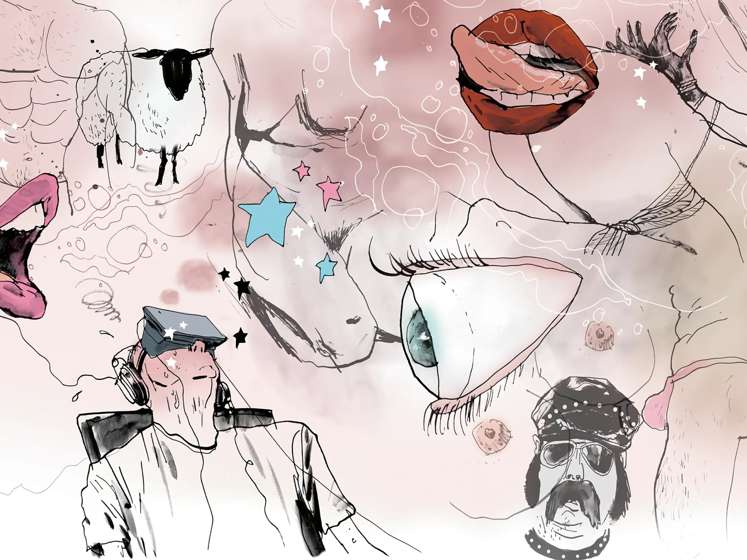 Illustration av en person med VR-glasögon, Oculus, som har erotiska fantasier.