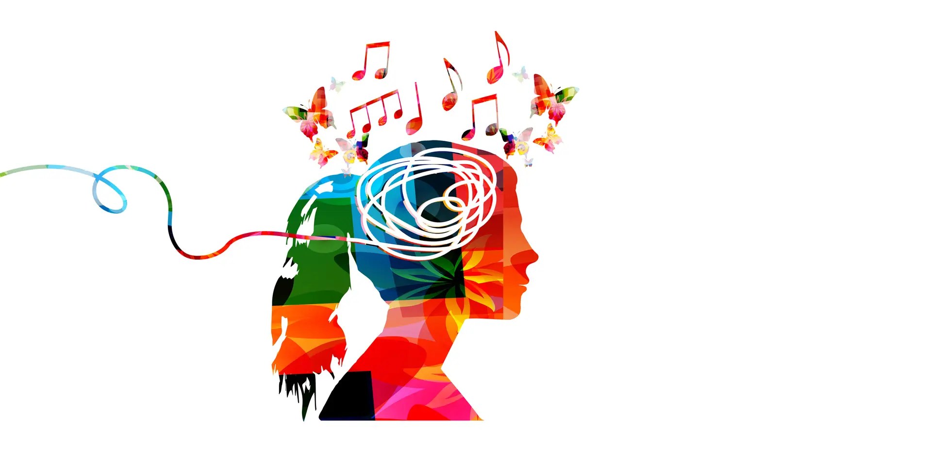 A multicolor silhouette of a person with a ponytail. Music notes and butterflies are above the person's head and a coil of string is inside their head leading off the left side of the image.