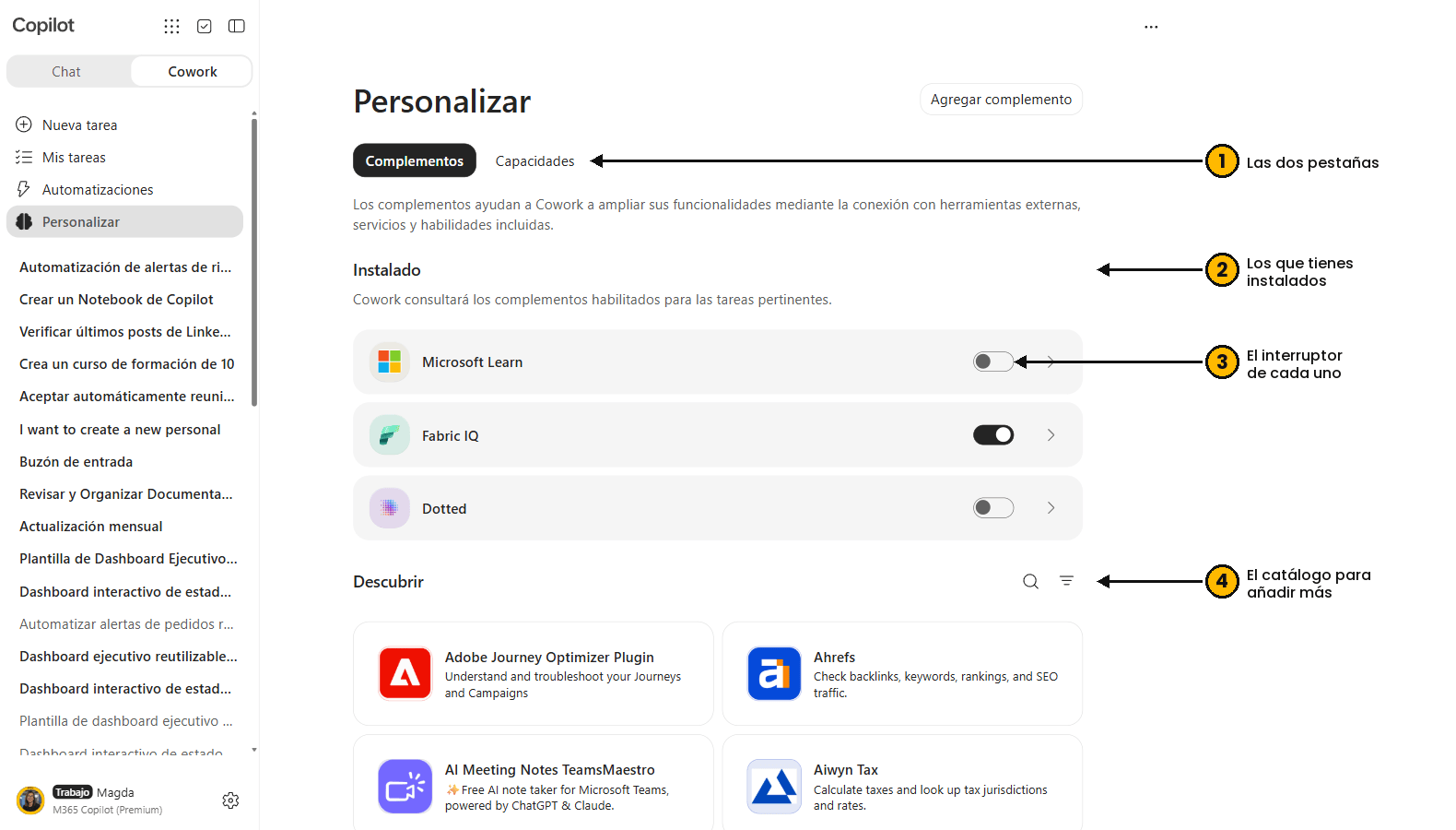 Pestaña Complementos con los instalados y el catálogo