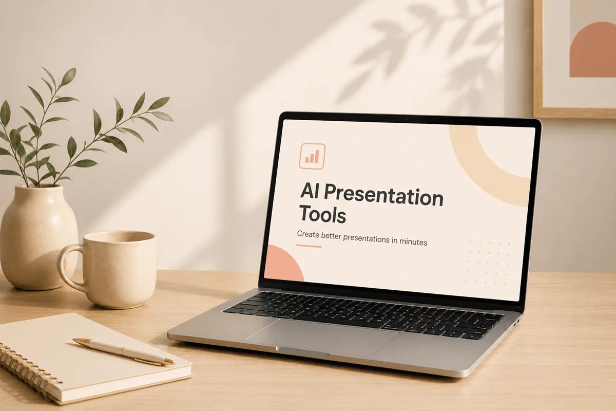 Minimal workspace featuring a laptop displaying “AI Presentation Tools,” with a notebook, coffee mug, and green plant in warm neutral tones.