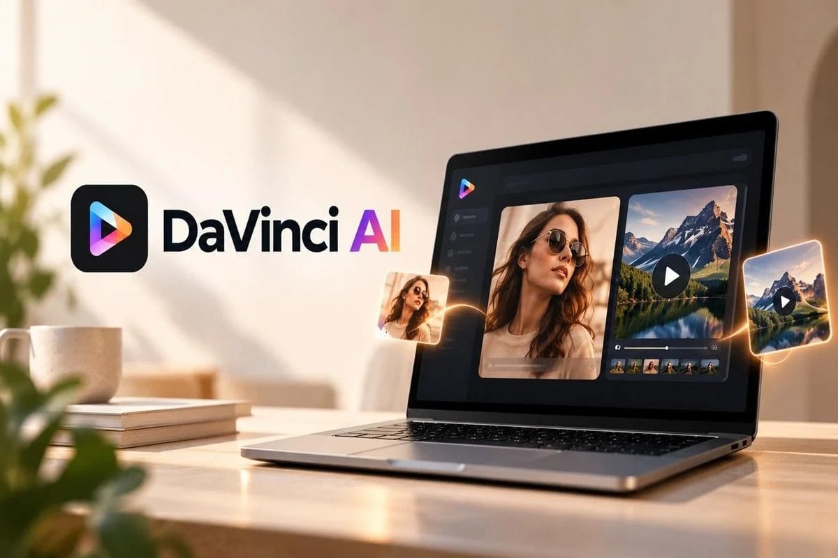 DaVinci AI review cover showing the DaVinci AI logo beside a laptop displaying AI image and video creation tools.