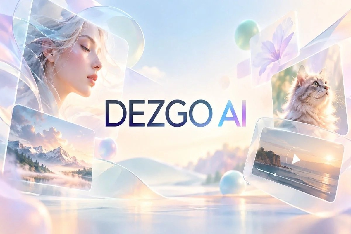 Dezgo AI review cover image featuring AI-generated portraits, landscapes, and video previews on a soft, multicolored pastel background.