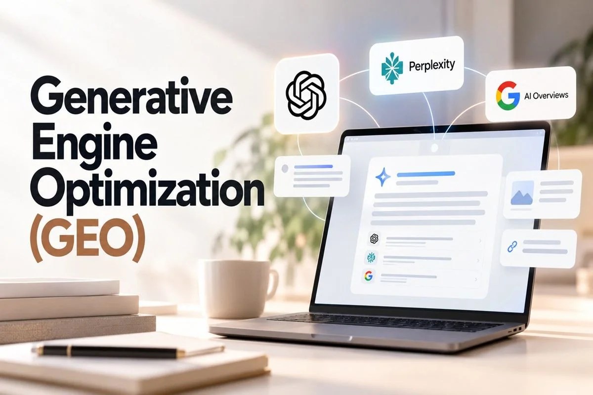 Generative Engine Optimization (GEO) cover image featuring a laptop with AI search results, ChatGPT, Perplexity, and Google AI Overviews logos on a minimal beige background.