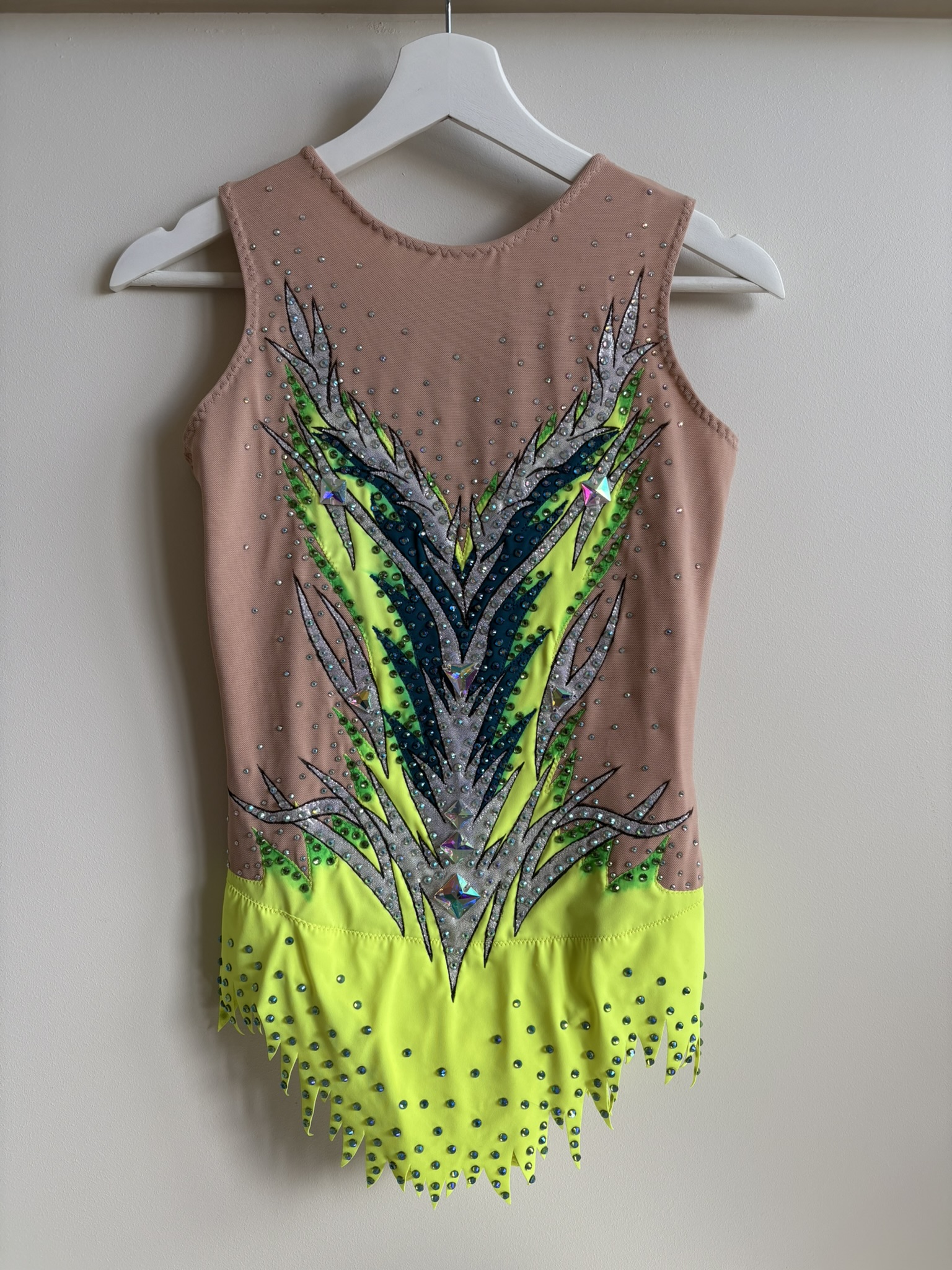 Luxury acro dress with detailed hand painted designs for acrobatic gymnastics and rhythmic routines.