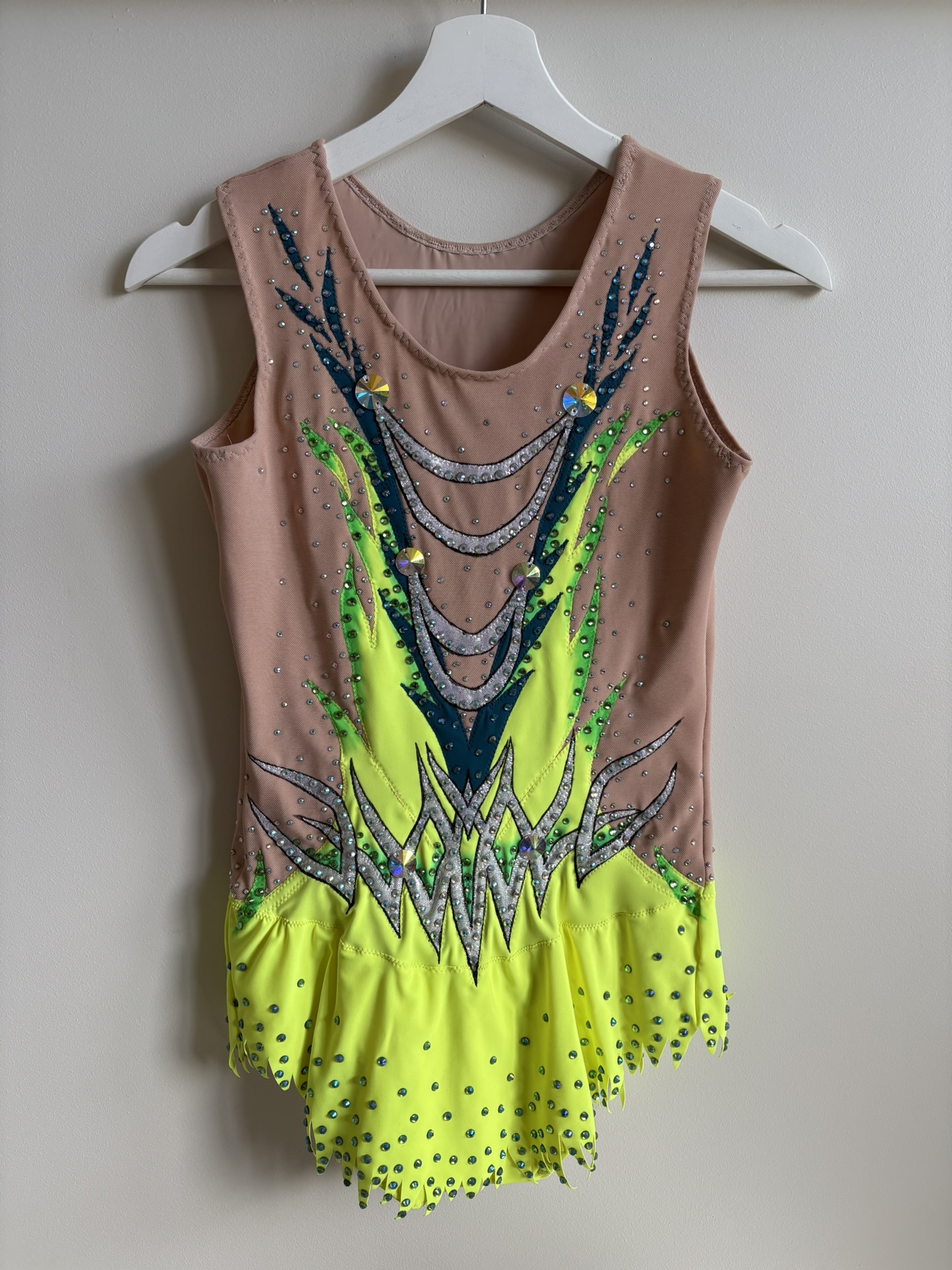 Luxury acro dress with detailed hand painted designs for acrobatic gymnastics and rhythmic routines.
