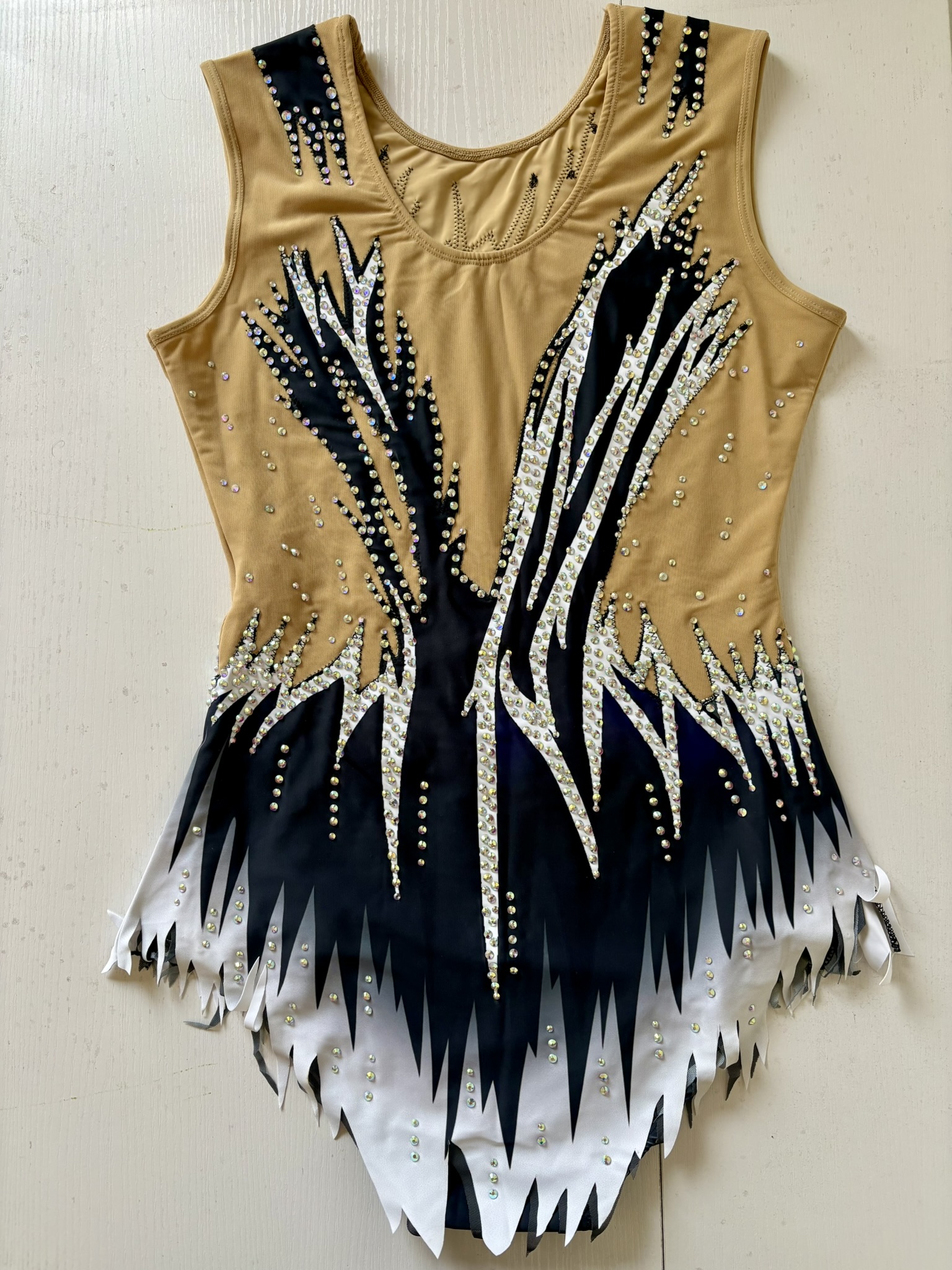 Vibrant printed competition outfit on a budget for figure skating and gymnastics.