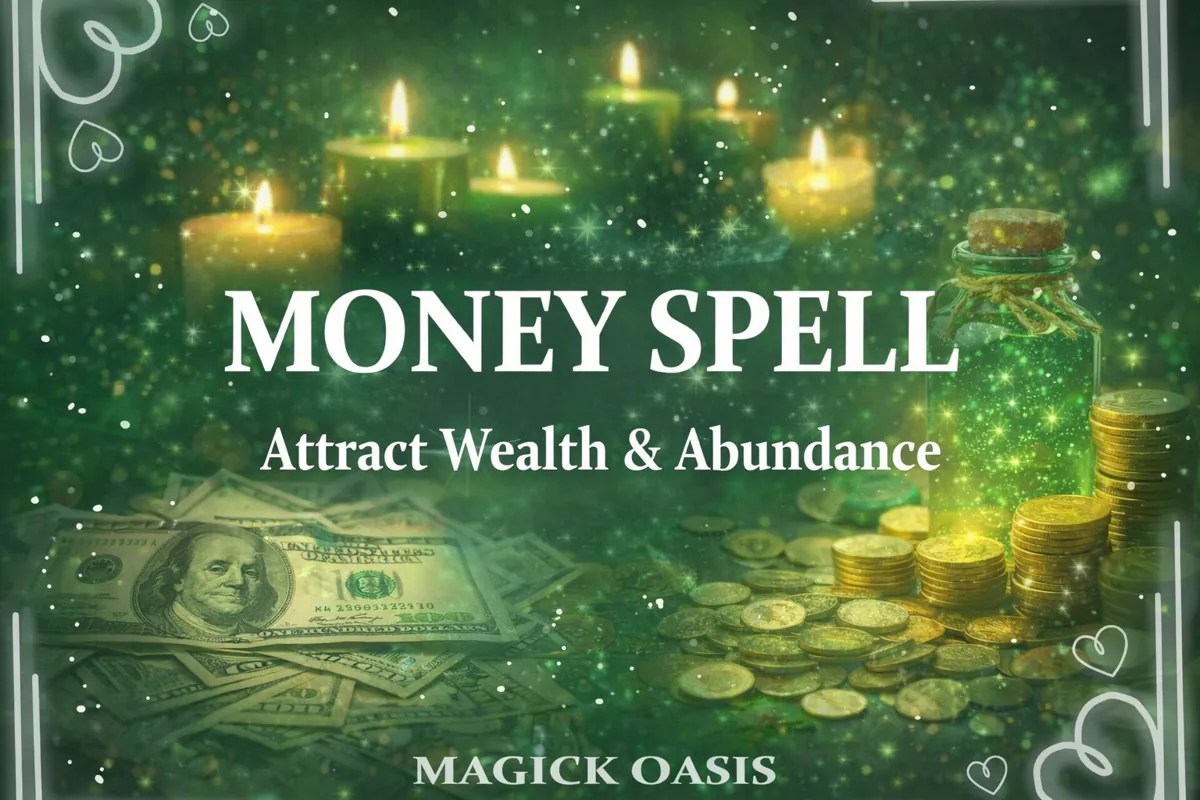 Money spell with green candles, coins, and cash to attract wealth and abundance, Magick Oasis spell casting service