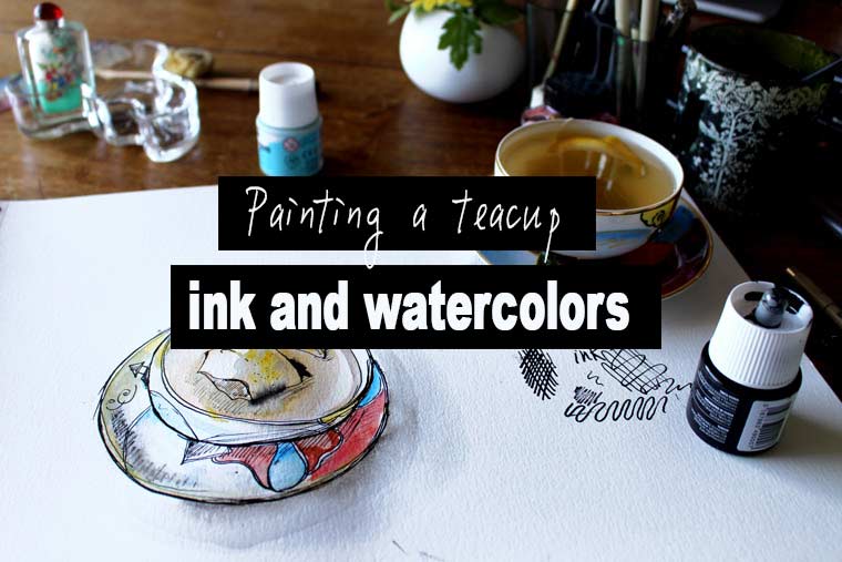 drawing with ink, drawing a teacup
