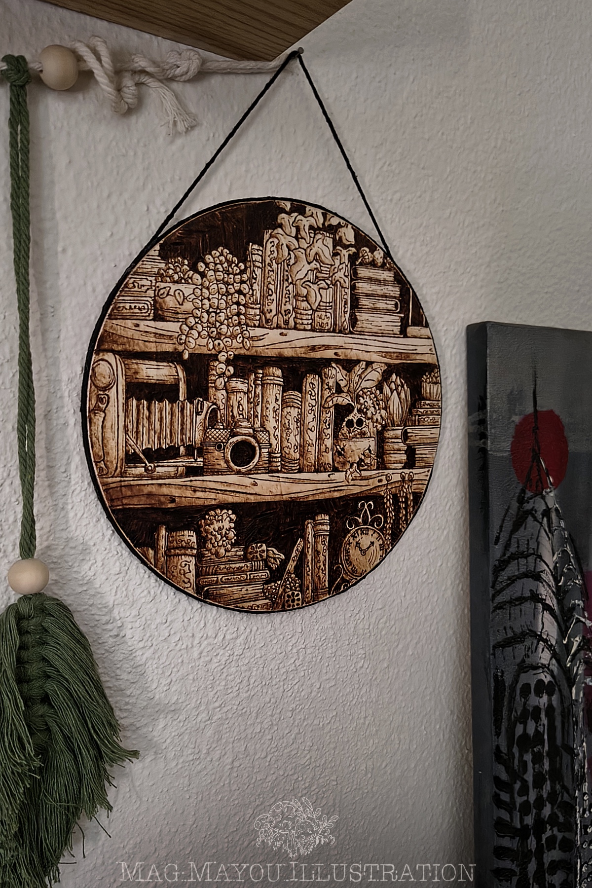 Tableau pyrogravé : Bibliothèque Occulte