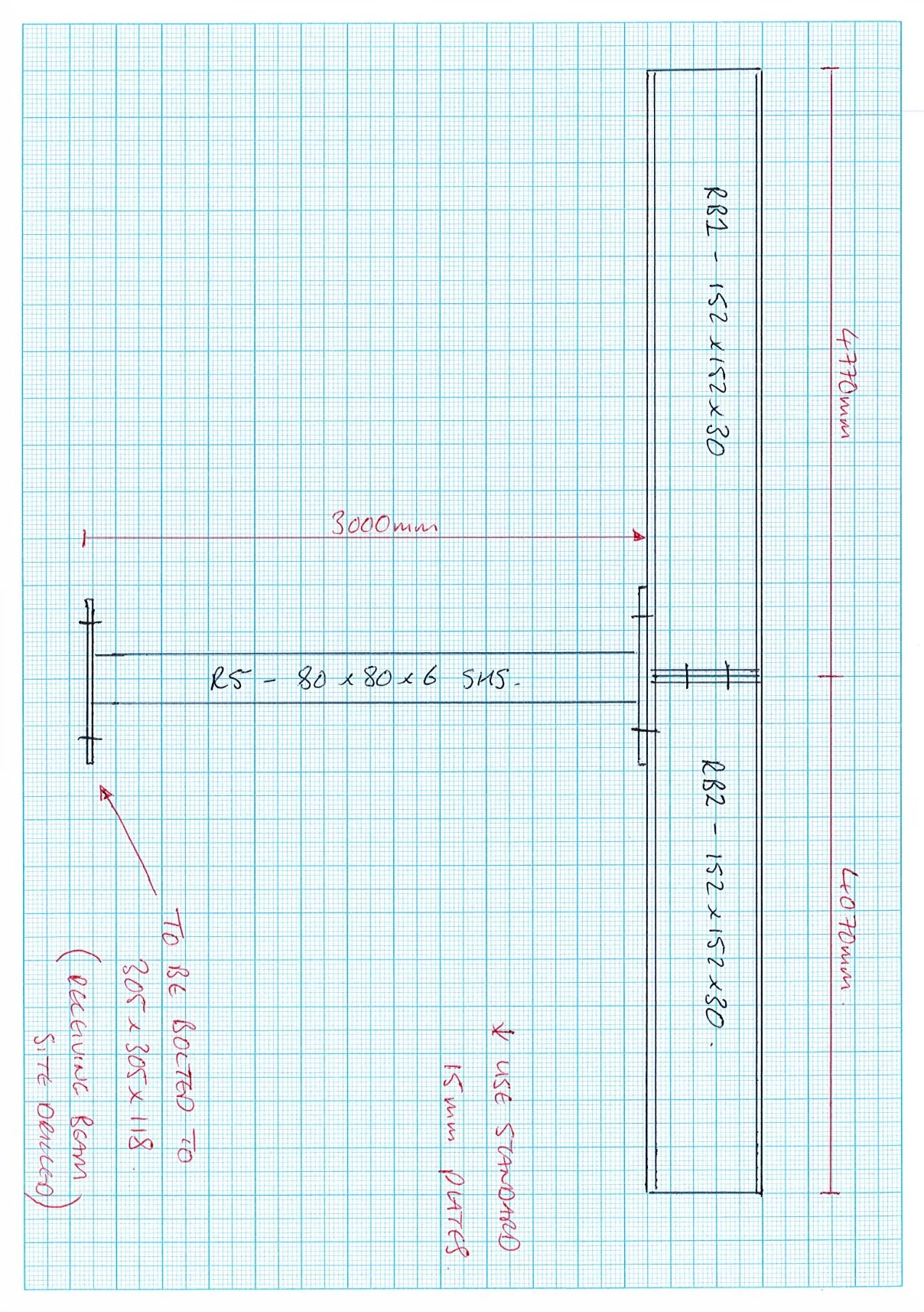 Hand-drawn drawing of two 152 x 152 x 30 beams and an 80 x 80 x 6 SHS member on graph paper, with lengths marked