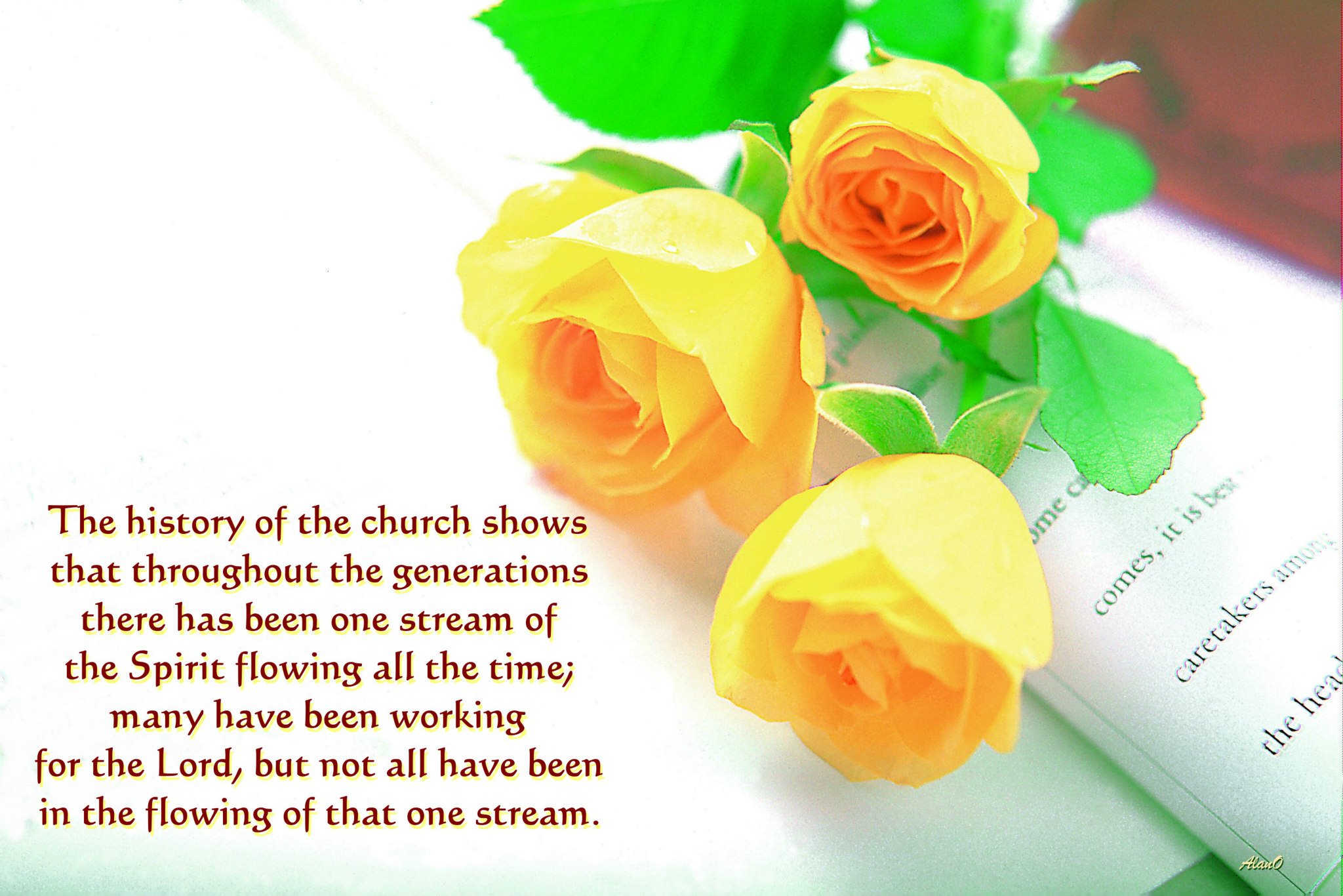 The history of the church shows that throughout the generations there has been one stream of the Spirit flowing all the time; many have been working for the Lord, but not all have been in the flowing of that one stream.