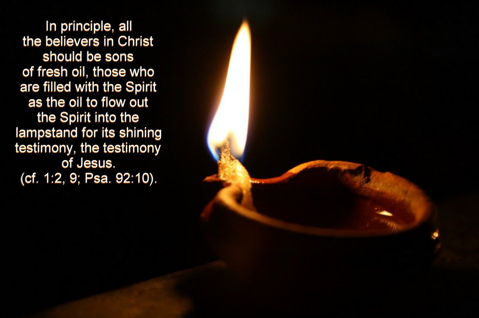 In principle, all the believers in Christ should be sons of fresh oil, those who are filled with the Spirit as the oil to flow out the Spirit into the lampstand for its shining testimony, the testimony of Jesus (cf. 1:2, 9; Psa. 92:10).