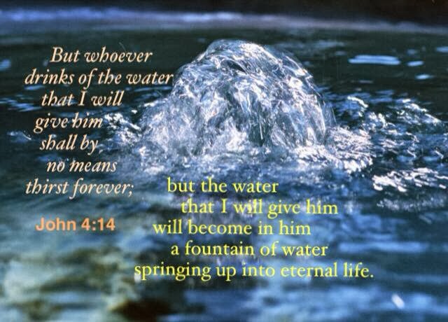 John 4:14, But whoever drinks of the water that I will give him shall by no means thirst forever; but the water that I will give him will become in him a fountain of water gushing up into eternal life.
