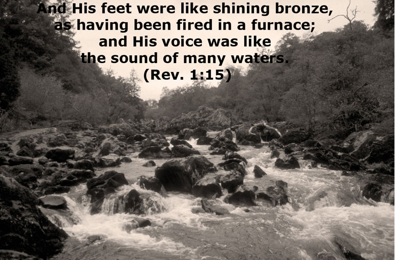 Rev. 1:15 And His feet were like shining bronze, as having been fired in a furnace; and His voice was like the sound of many waters
